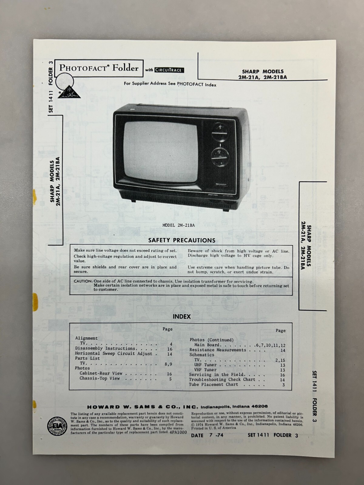Sharp 2M-21 Service Manual Sams Photofact Free Shipping