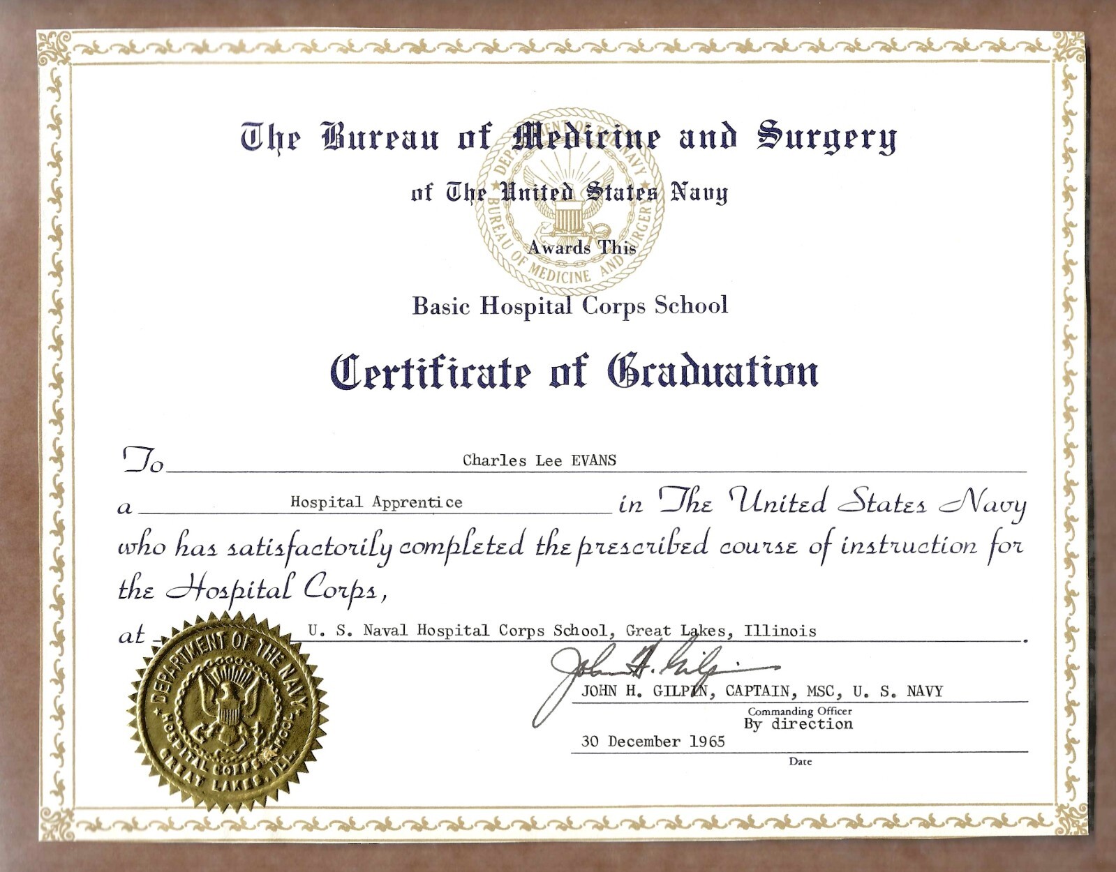United States Navy Certificate of Graduation 1965 Hospital Apprentice Basic Corp