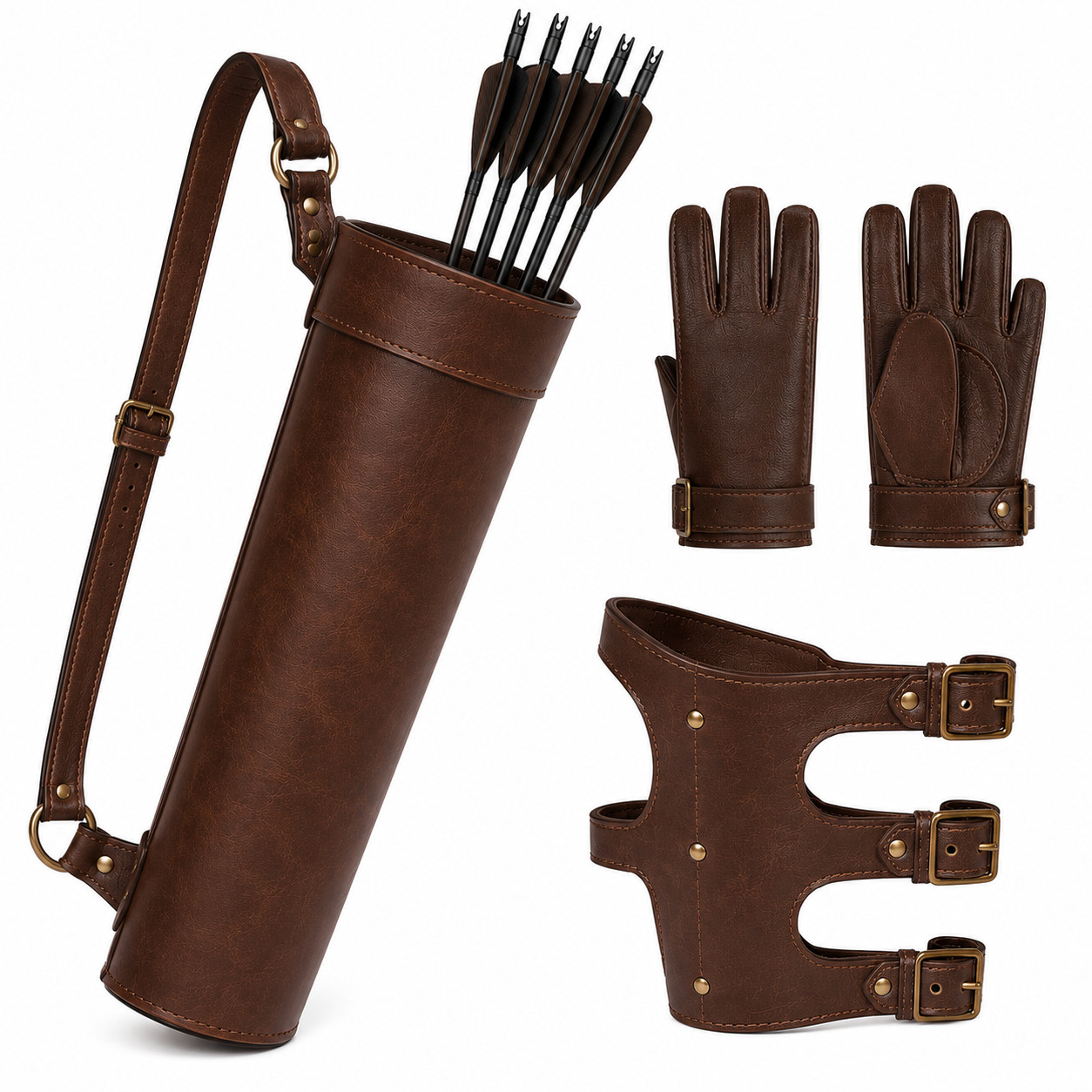 Handmade Brown Leather Archery Quiver Set with Gloves and Arm Guard for Hunting