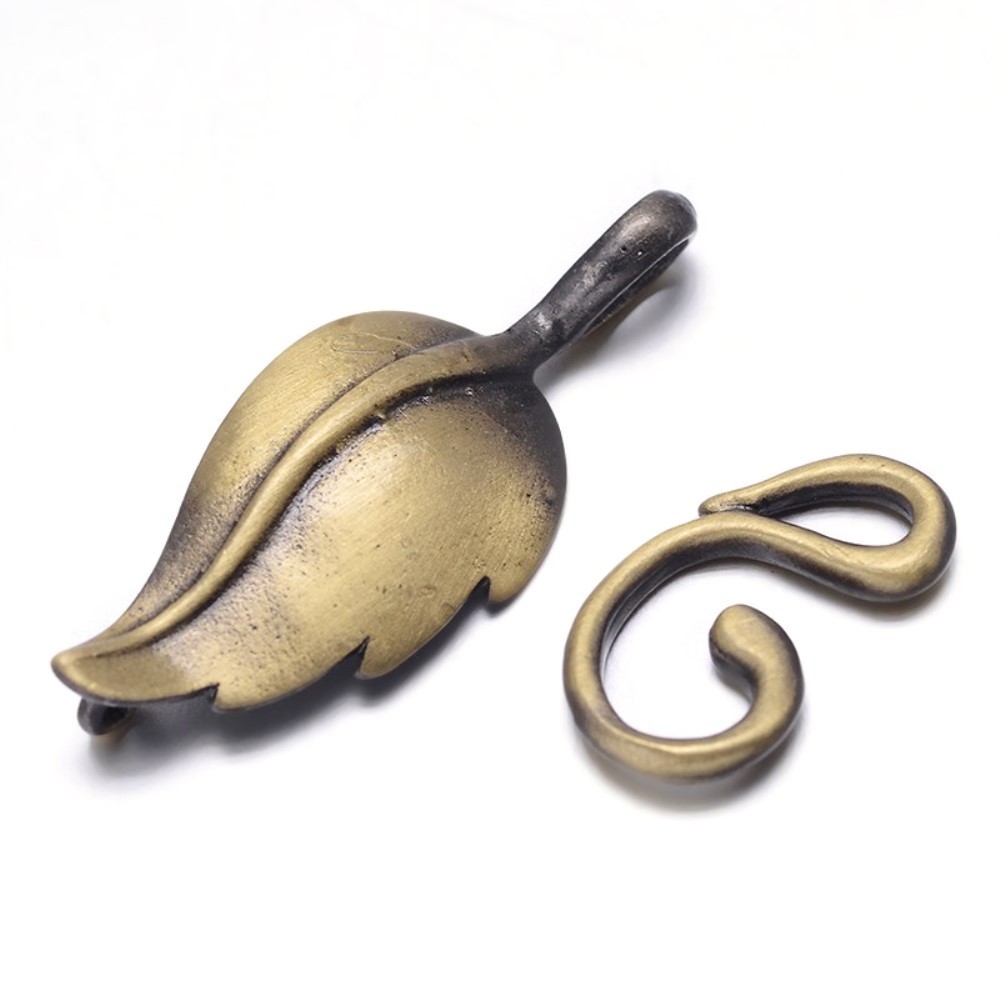 Hook and Eye Clasps Large Leaf Motif 33mm Brush Bronze Antique Bronze 2 Sets