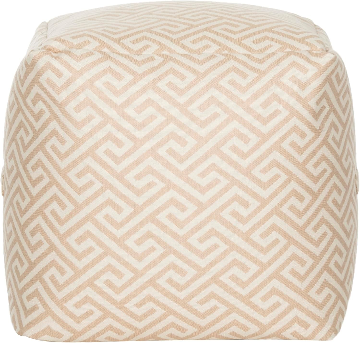 Home Collection Valentina Pouf Tan & White Geometric Upholstered Cube Ottoman