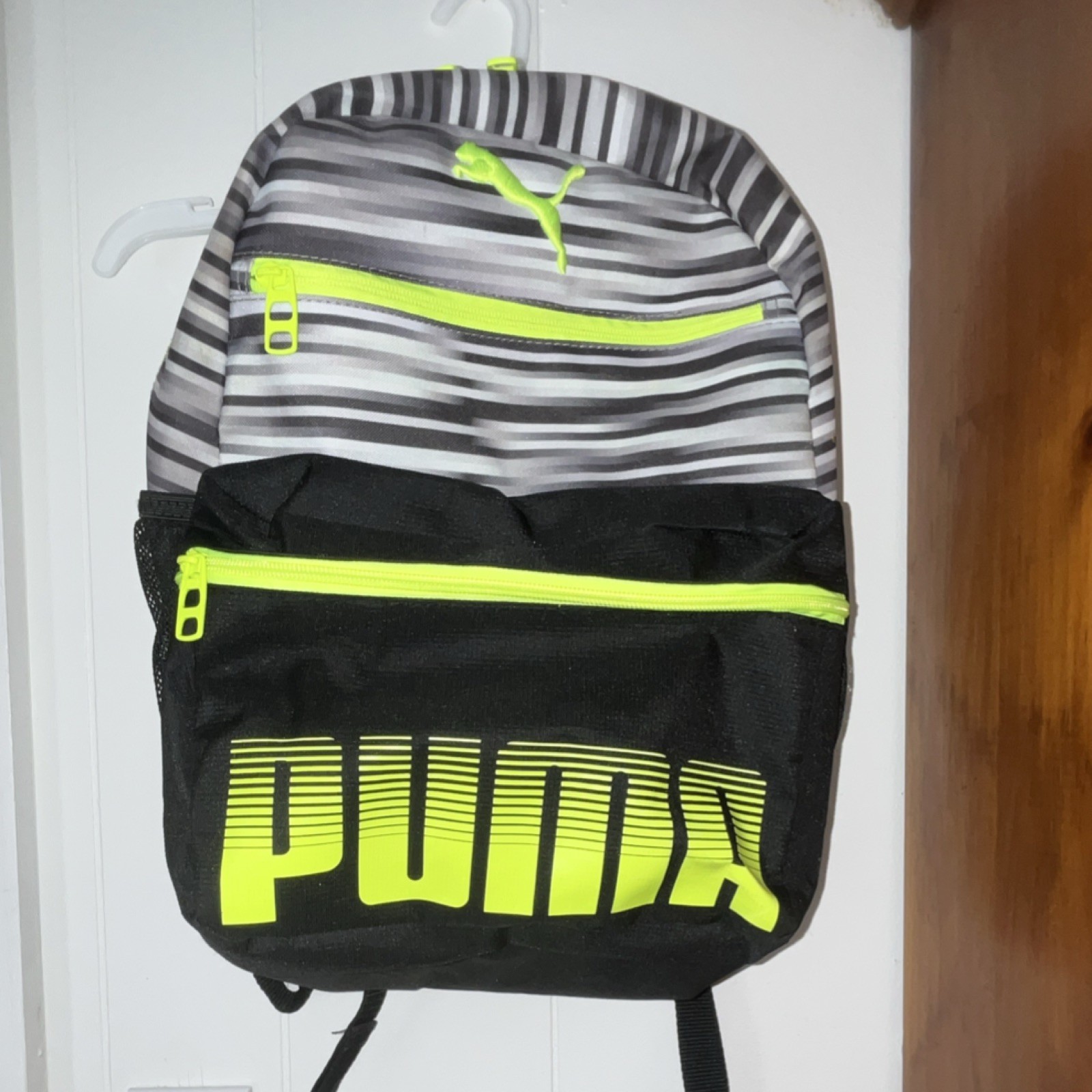 PUMA Backpack Black Gray Yellow Striped Hiking Adjustable Straps Padded Back