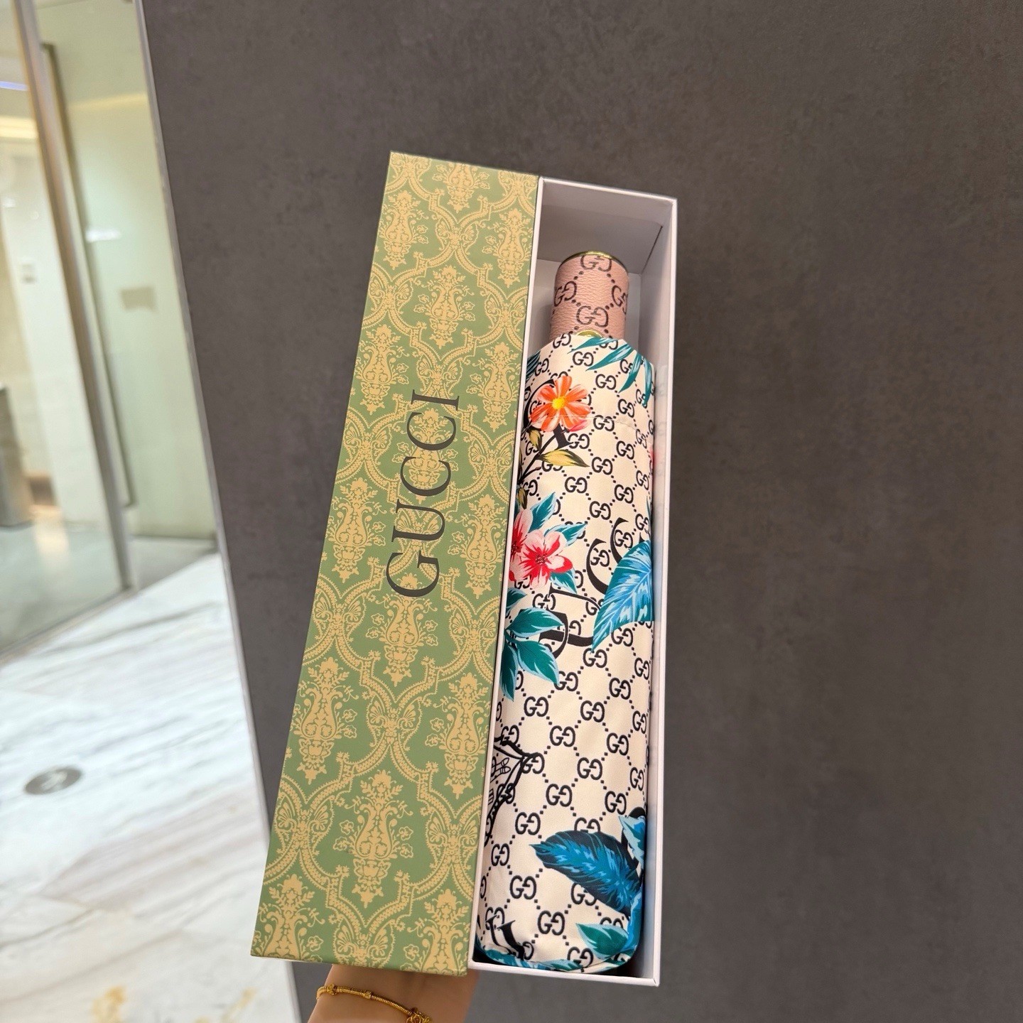 Gucci Compact Folding Umbrella Multicolor Floral Pattern GG Logo
