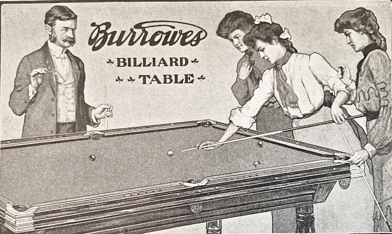 E.T.BURROWES Co.Home Billiard&Pool Table Ladies Play Gentleman~Vtg 1903 Print Ad