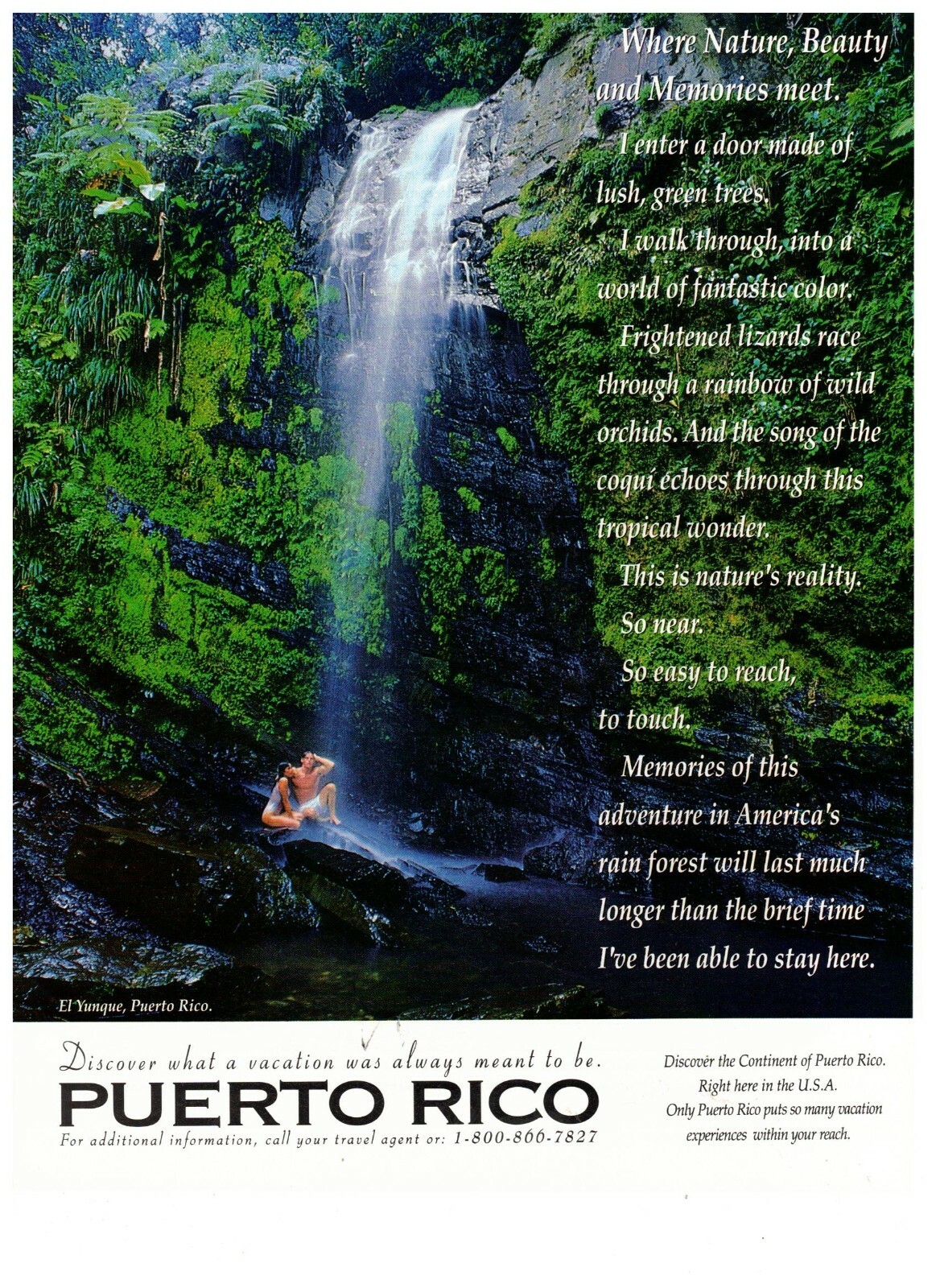 Puerto Rico Nature Beauty Memories Meet Waterfall Vintage 1995 Print Ad