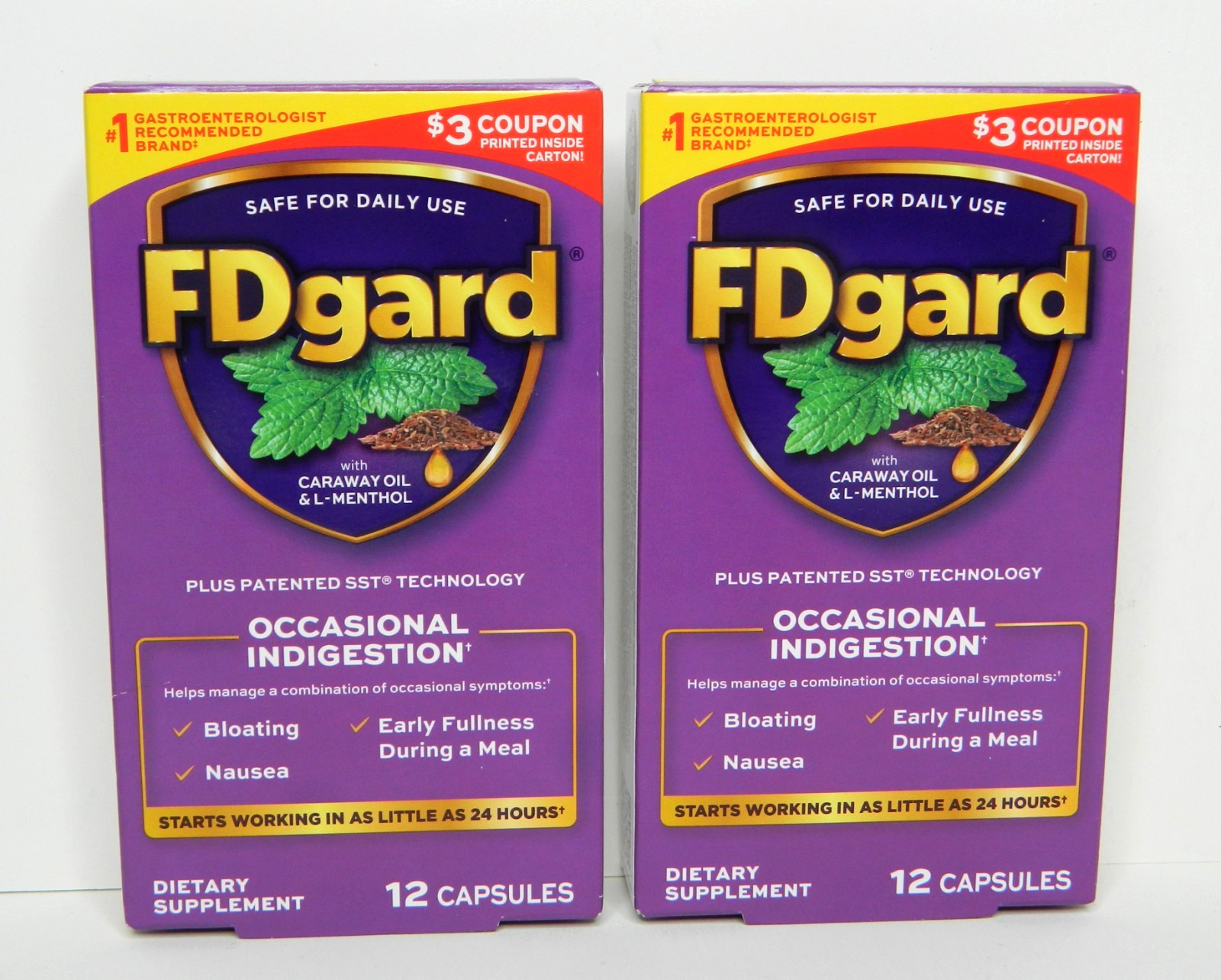 2 FDgard Occasional Indigestion Bloating Nausea 12 Count (24 Capsules)  Exp 2/27