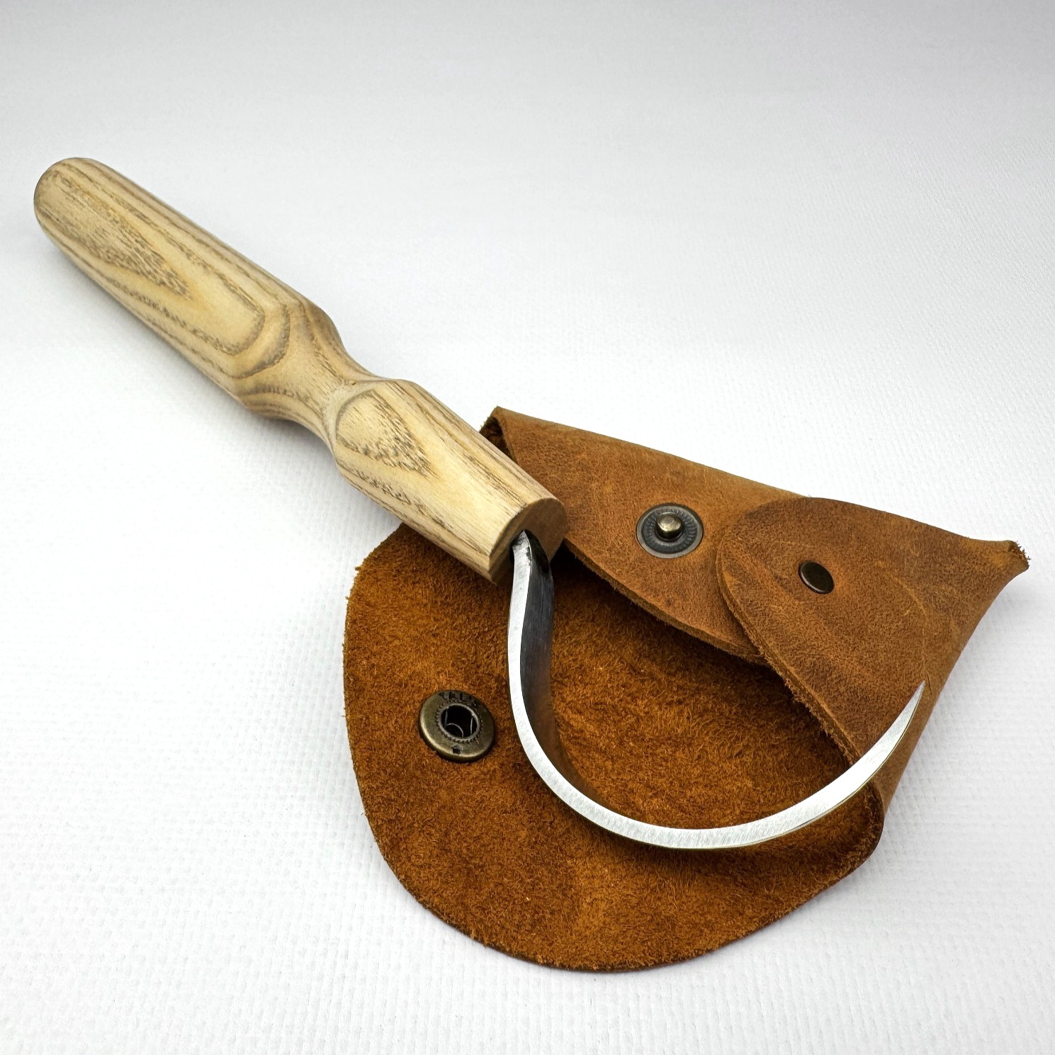 Long Hook Knife – Hand-Forged 52100 Steel, Ash Handle, Sheath, For Spoon Work