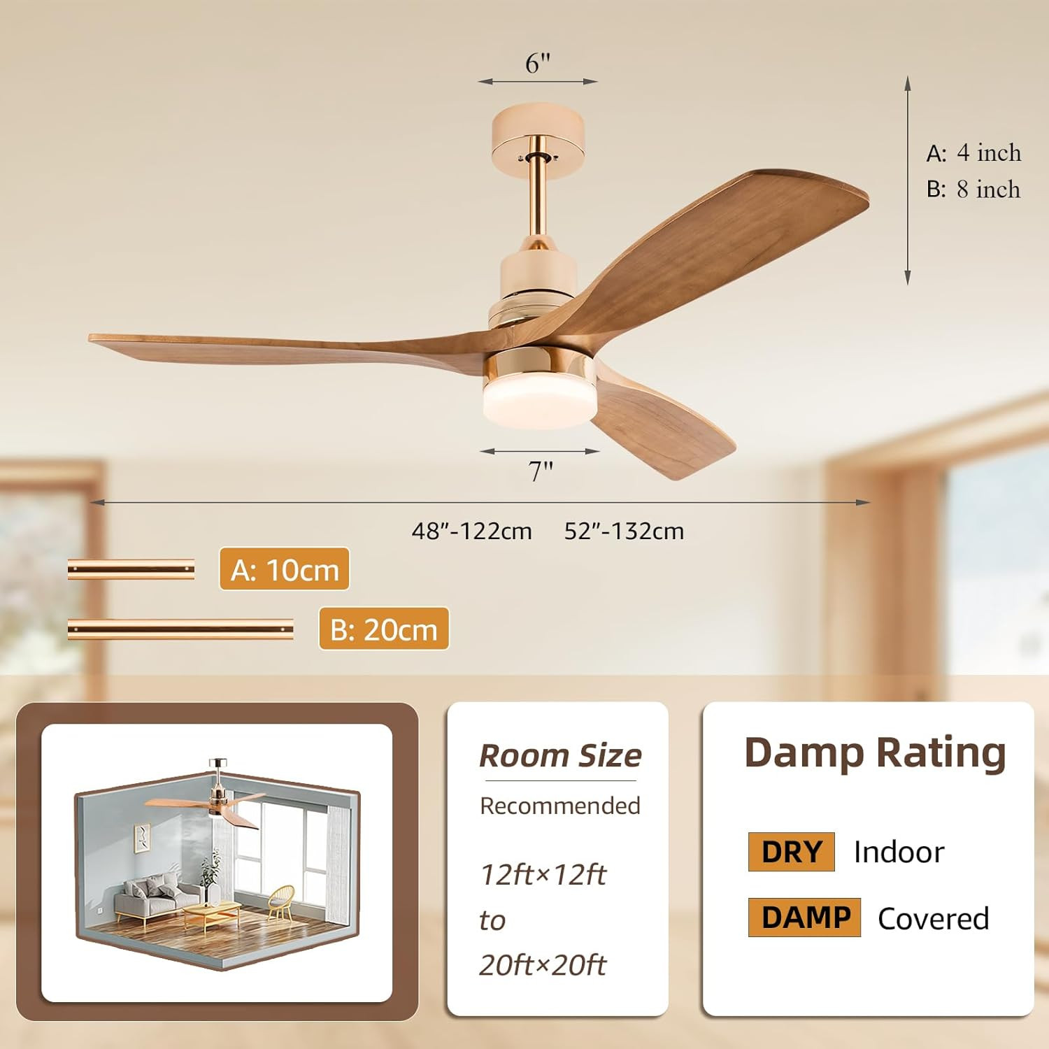 Rose Gold 48" Modern Ceiling Fan with Light & Remote, 6-Speed DC Motor