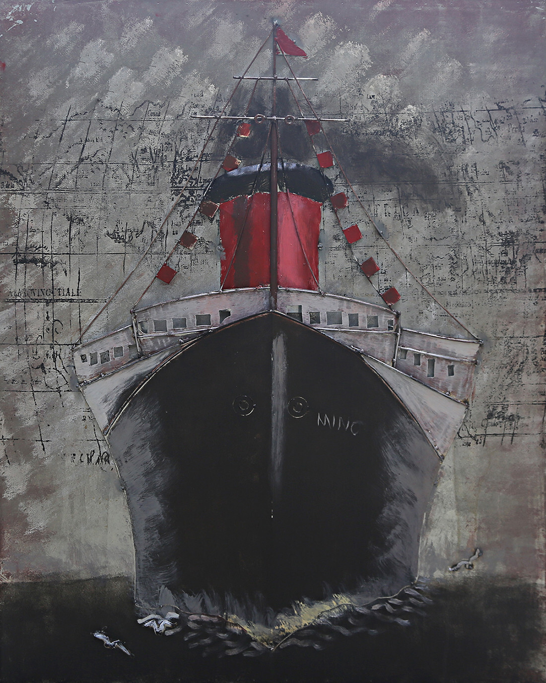 "Black Ship" Mixed Media Iron Hand Painted Dimensional Wall Art