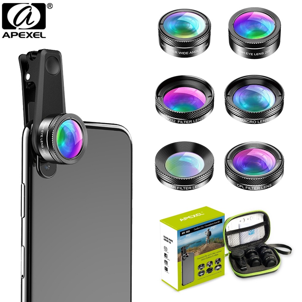 APEXEL 6 in 1 Phone Camera Lens Kit Macro CPL/Star ND32 Lens for iPhone Android