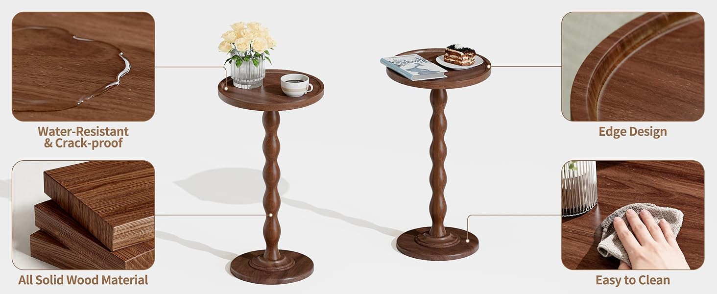 Small Round Side End Table - Solid Wood Accent Drink Table for Living Room
