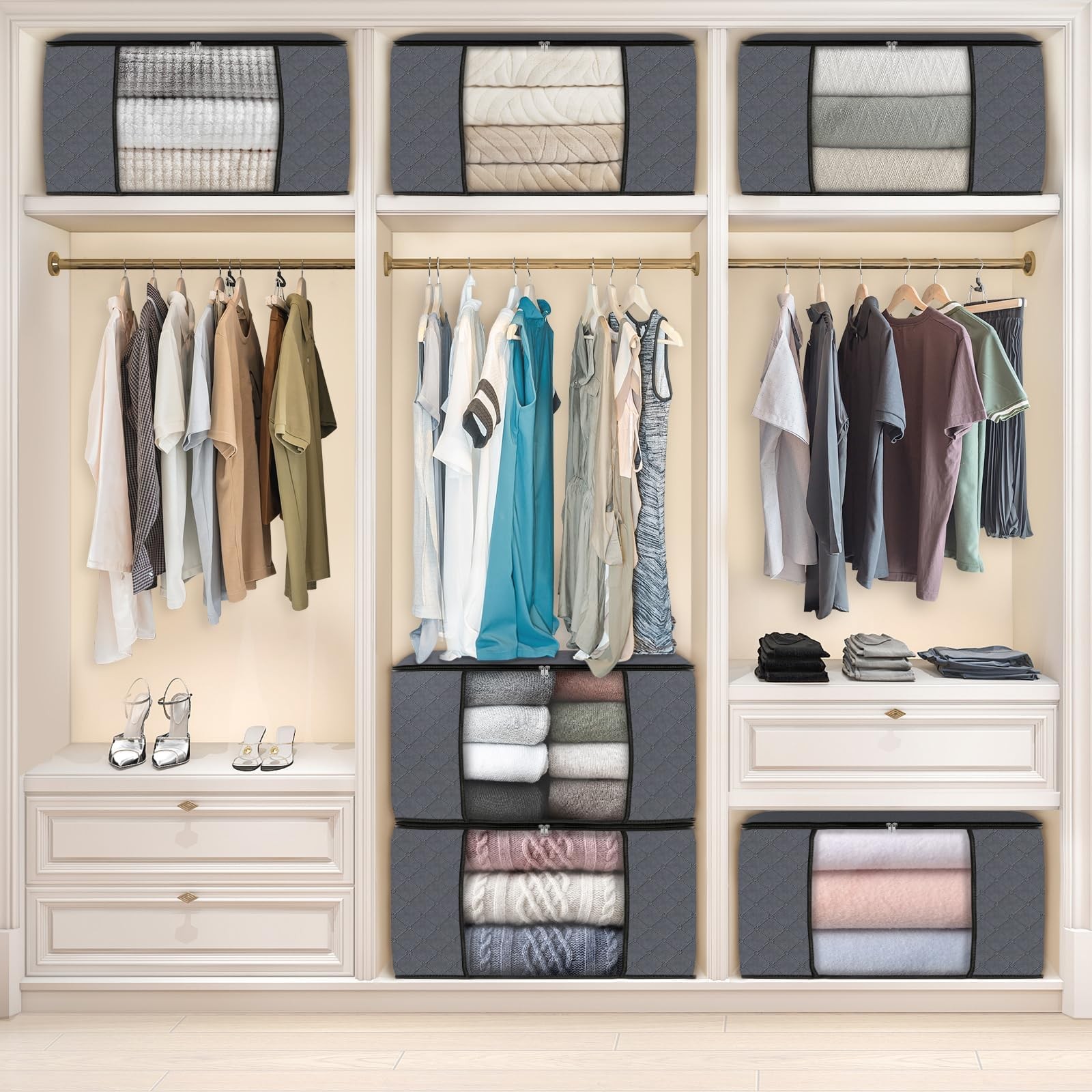 6 Pack Grey Clothes Storage Bags, Foldable Fabric, Handle, Closet Organizer