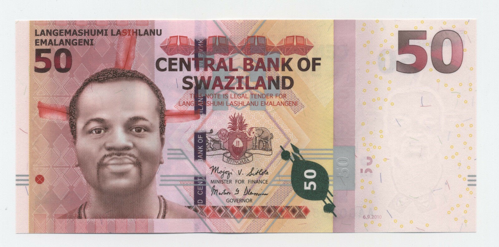 Swaziland 50 Emalangeni 6-9-2010 Pick 38 UNC Uncirculated Banknote Serial AA