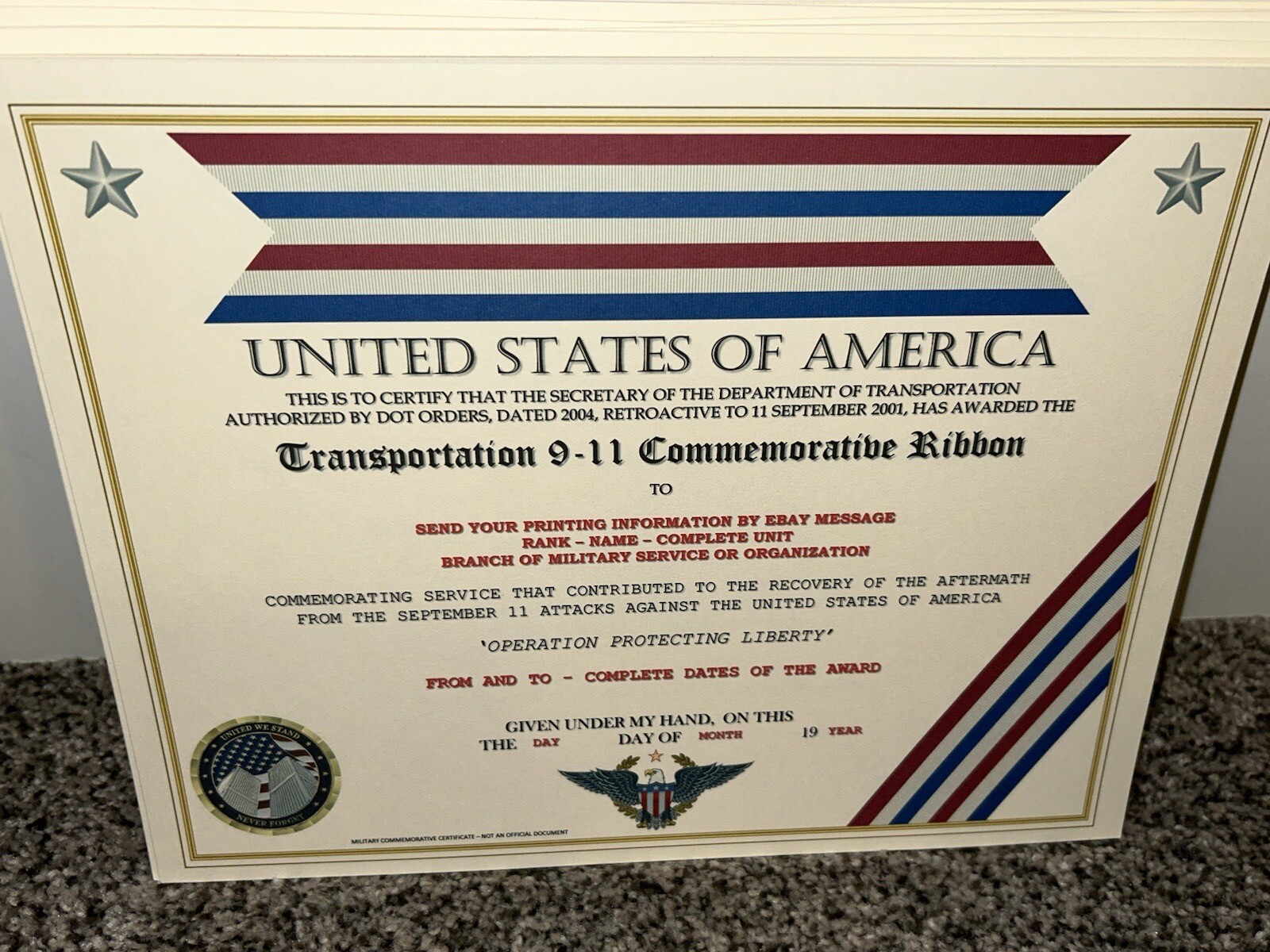 COAST GUARD / TRANSPORTATION 9-11 COMMEMORATIVE CERTIFICATE ~ W/PRINTING TYPE-1