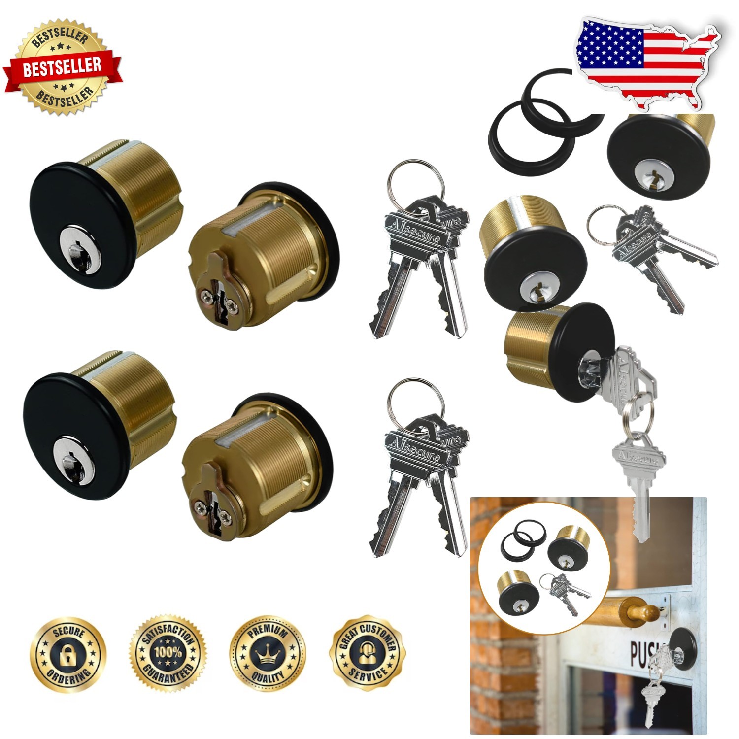 High-Value Black Brass Mortise Lock Cylinders 4-Pack Commercial Deadbolts