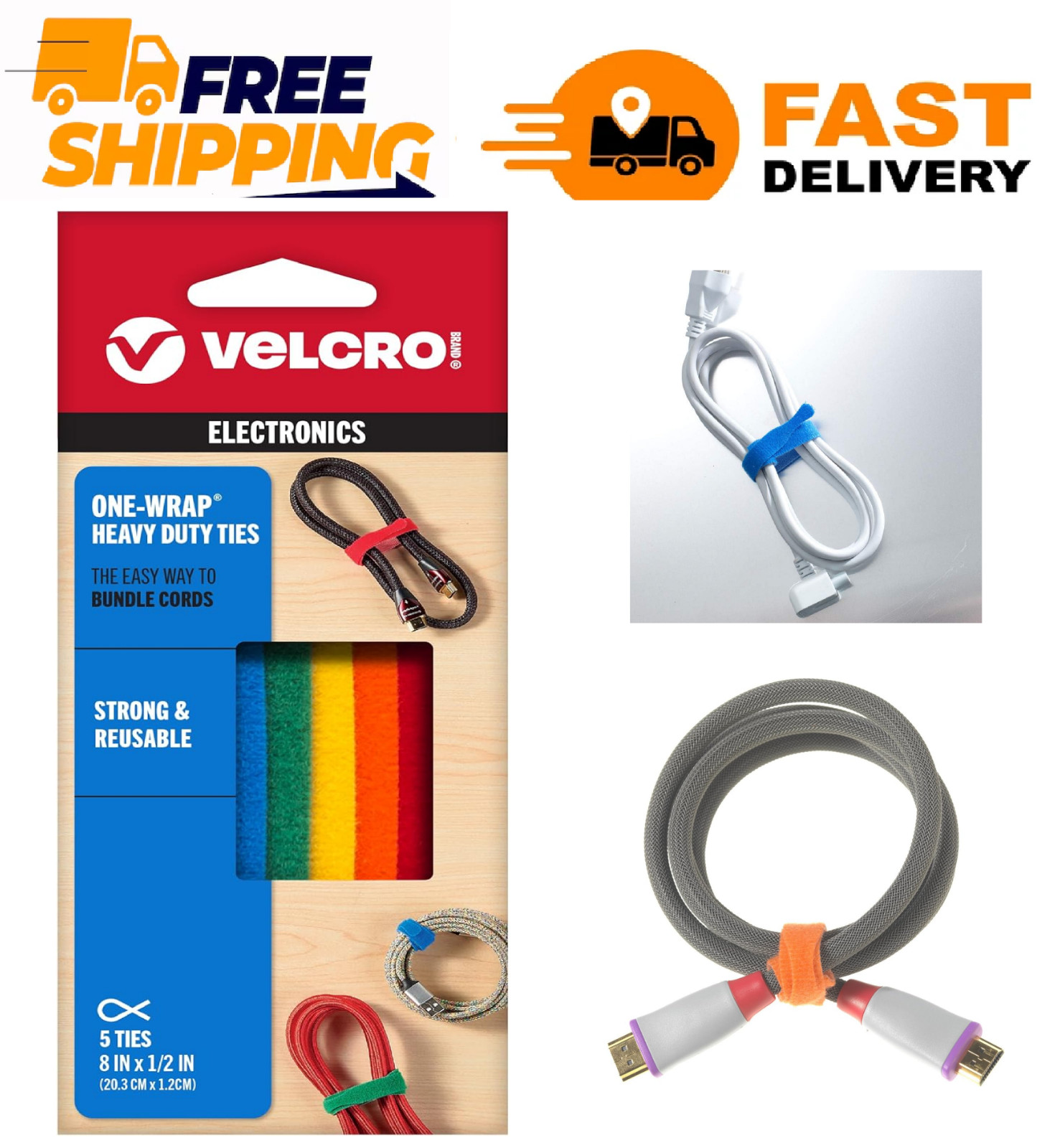 VELCRO Brand ONE-WRAP Ties | Cable Management, Wires & Cords | 5 Ct - 8" x 1/2