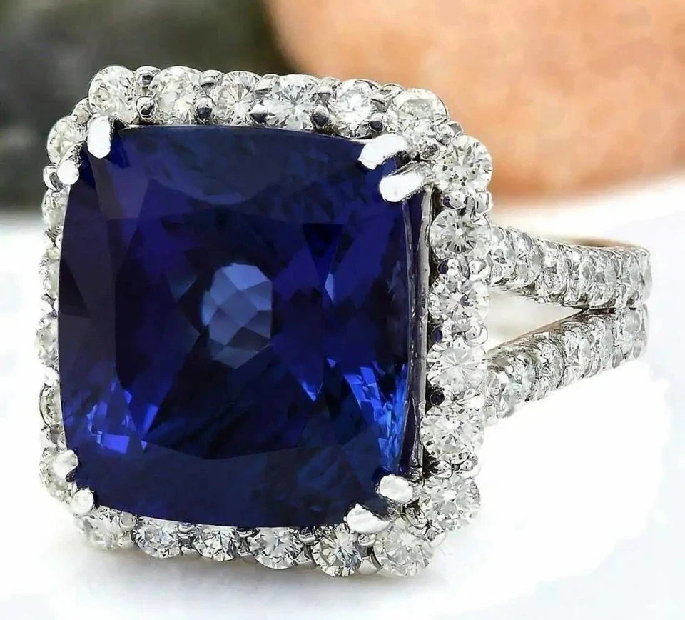 6.20 Ct Cushion Cut Natural Blue Sapphire Diamond 14K White Gold Engagement Ring