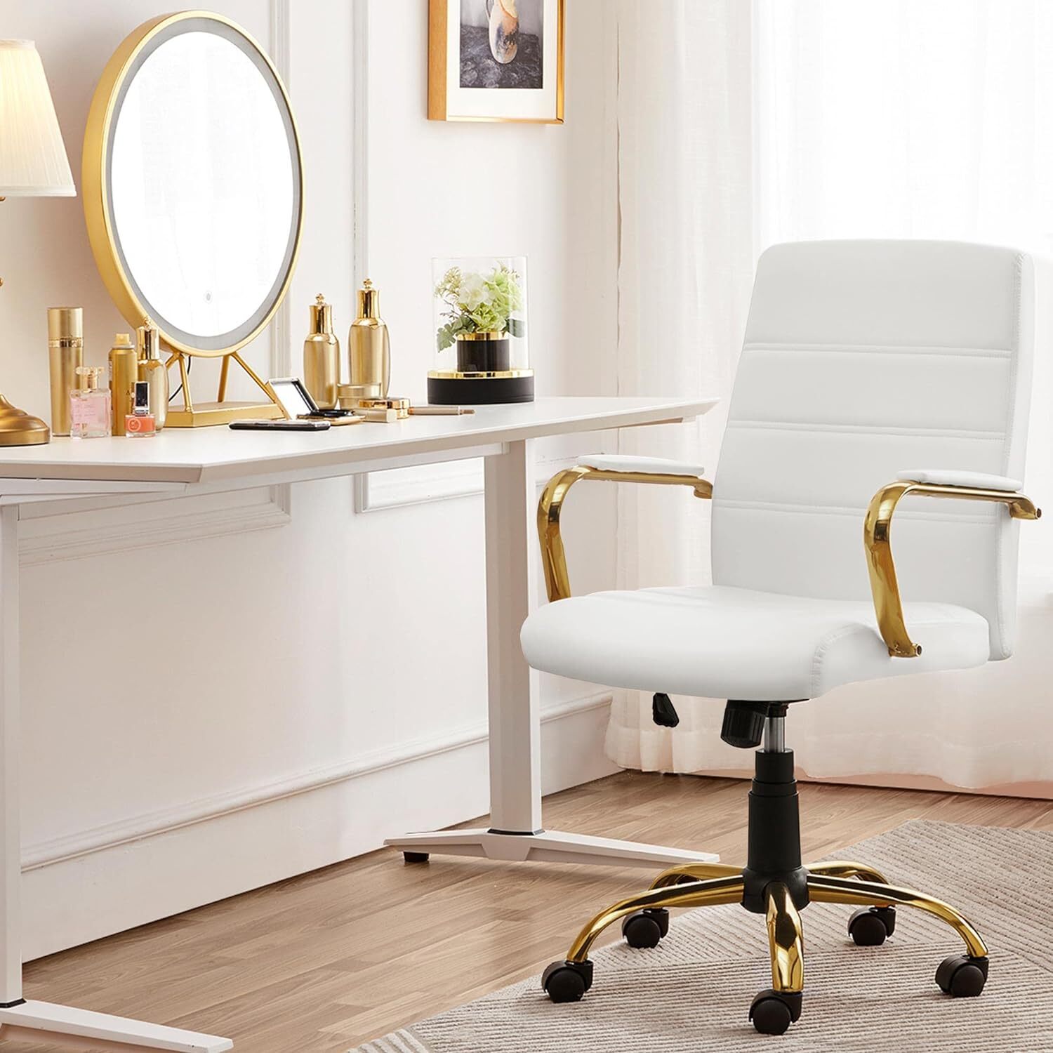 Yaheetech Mid-Back Office Chair PU Leather Desk Chair Adjustable White Seat