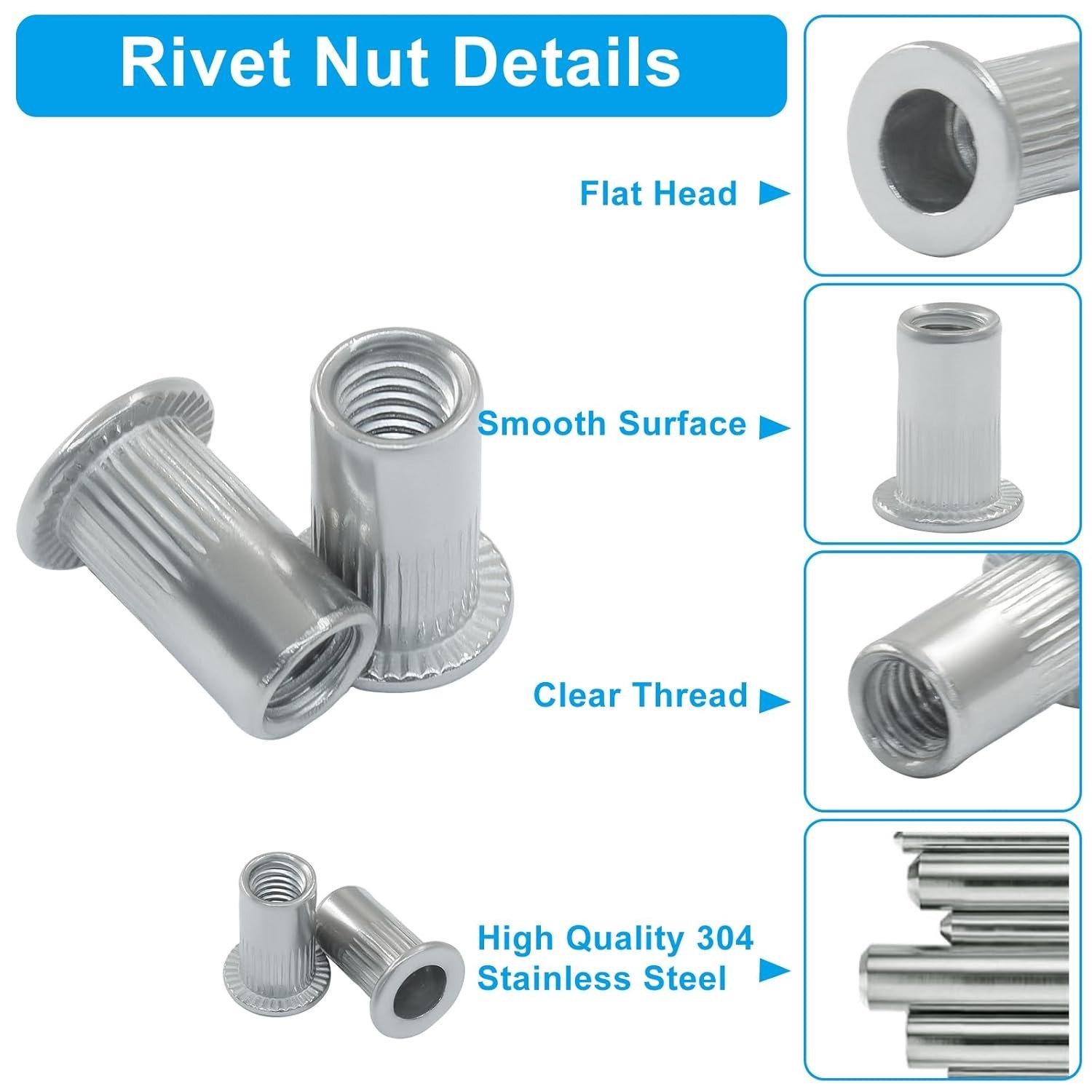 100Pcs M5 Rivet Nuts 304 Stainless Steel Flat Head Threaded Insert Nutsert