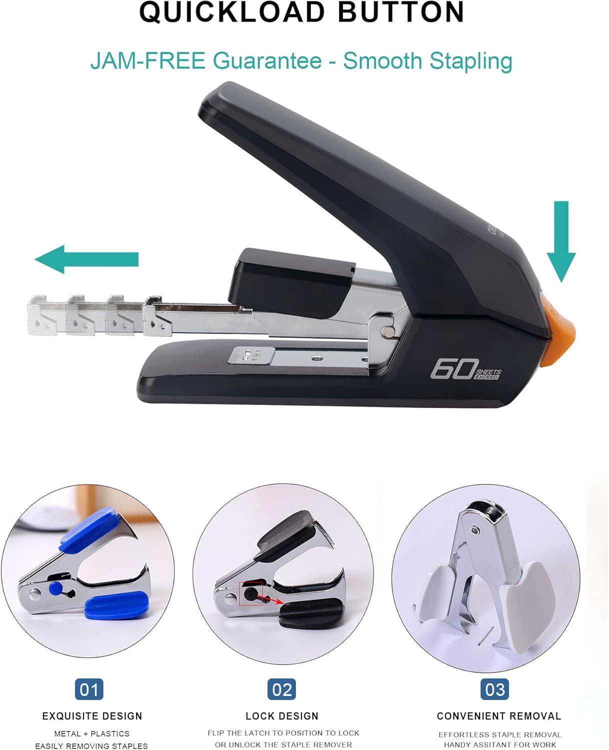 Heavy Duty Stapler, One Touch Stapling, 60 Sheet Capacity, Includes 2000 Staples
