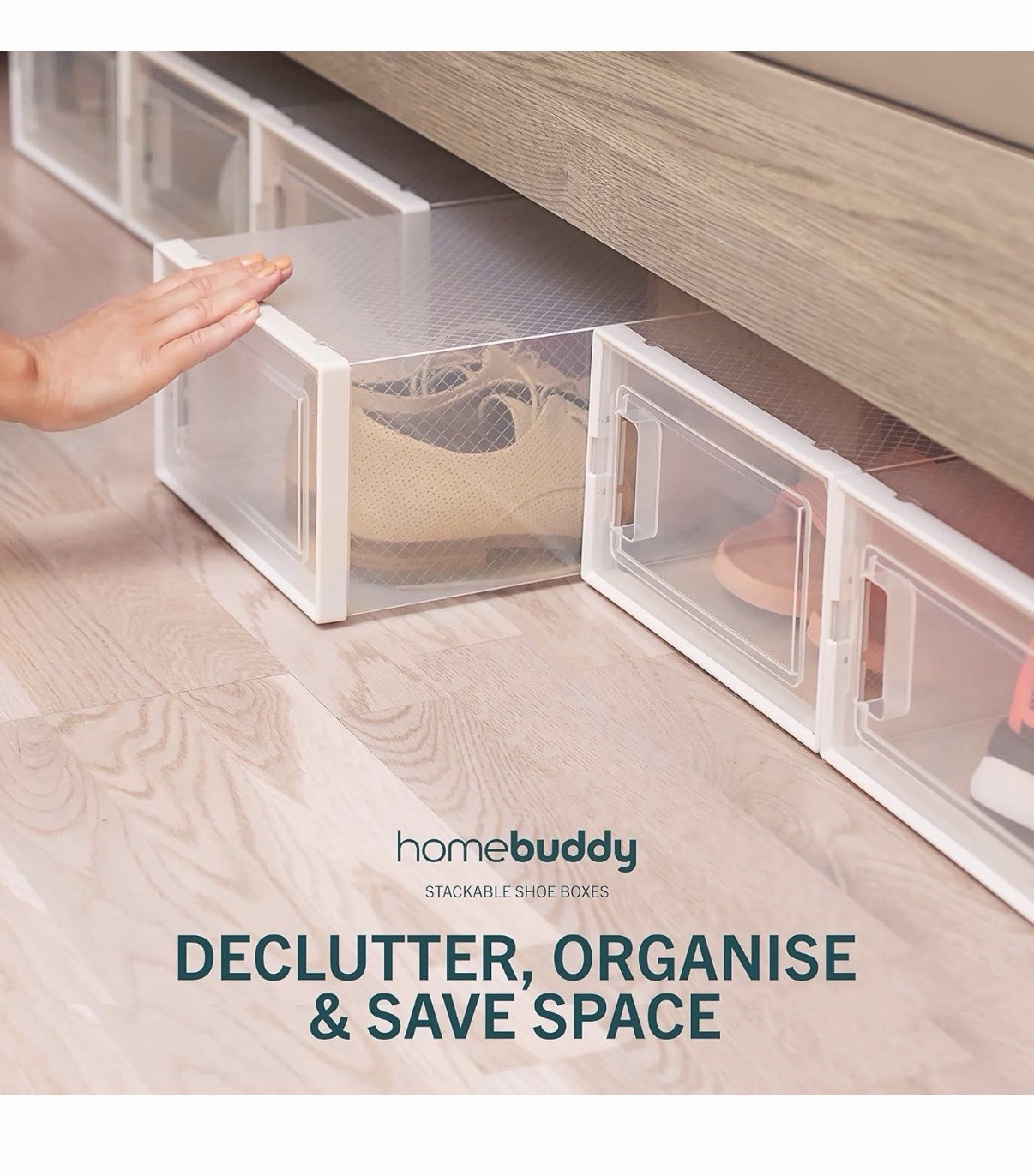 HomeBuddy Stackable Clear Plastic Shoe Storage Box Ventilation System Modern