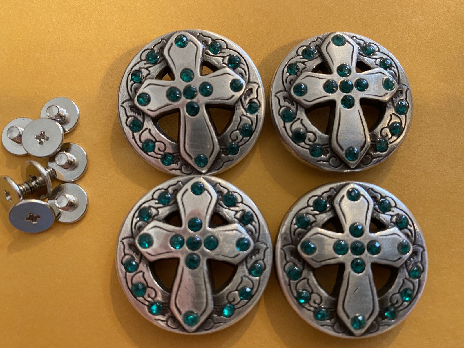 Lot Of 4 Silver Cross With Green Rhinestone Conchos With Screws 1”