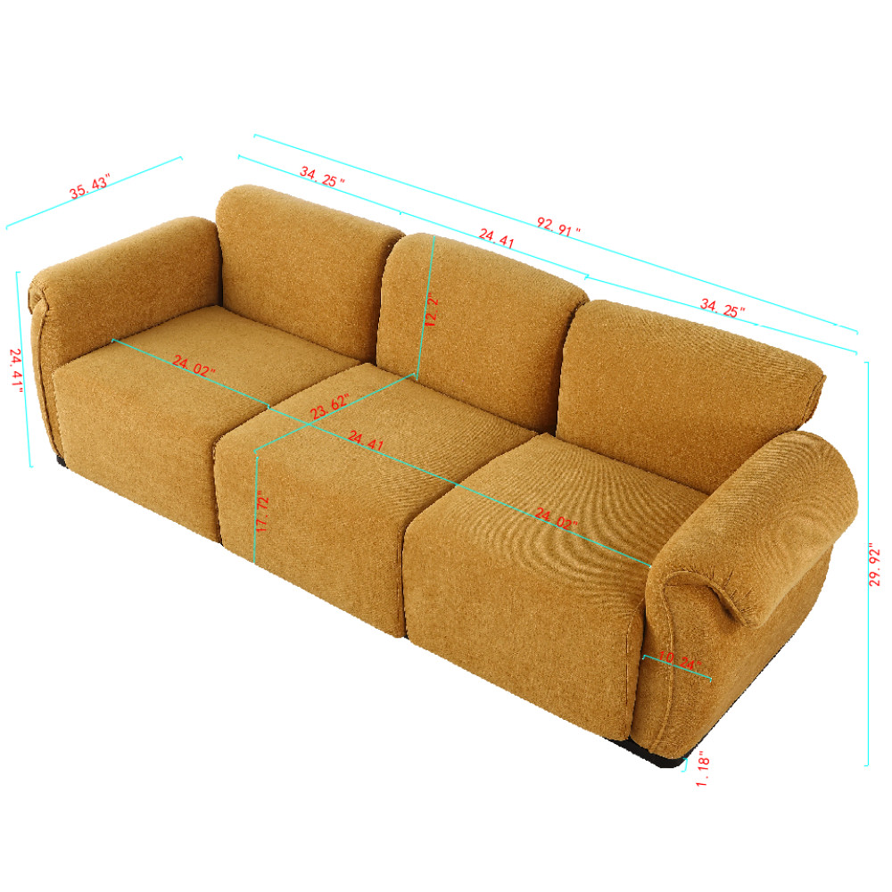 Modern Yellow Chenille 3 Seater Sofa w/ Square Arms - Free Shipping