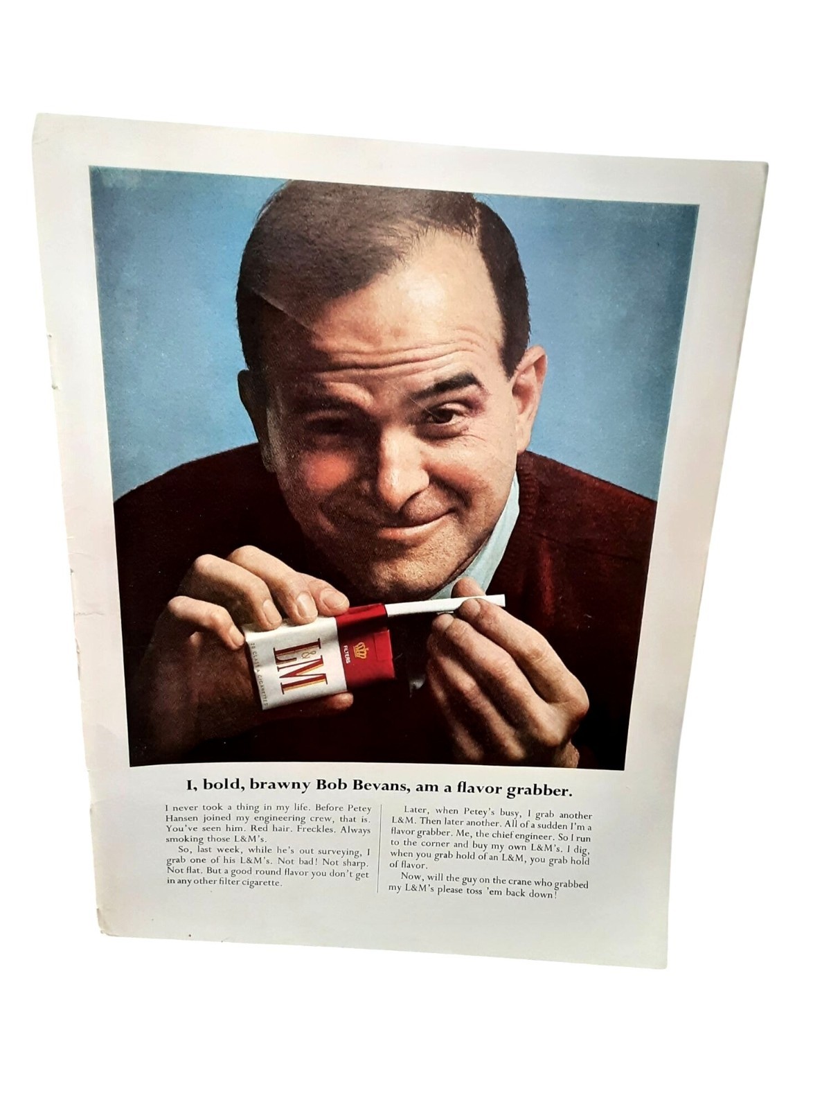 1967 L&M Cigarettes Bob Bevans Flavor Grabber Ad Vintage Smoke Print
