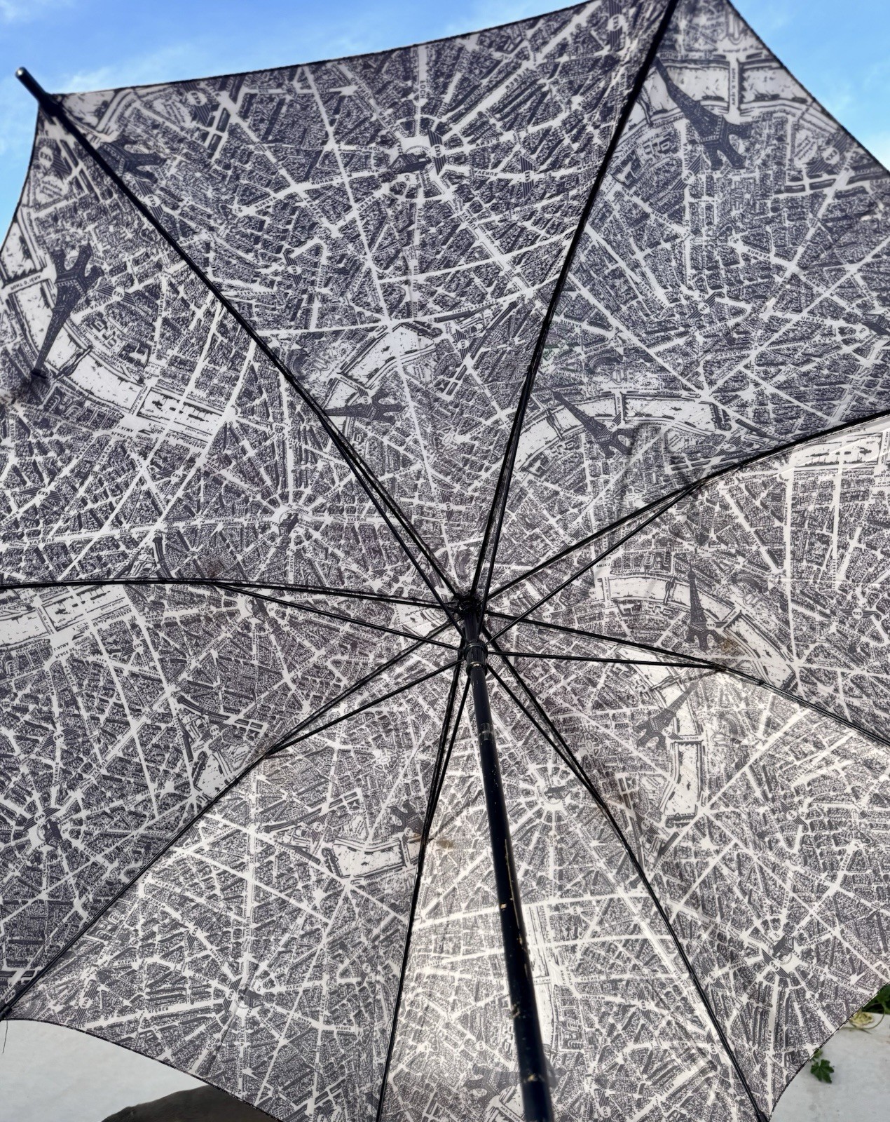 Paris Map Umbrella Grey Mauve Black Eiffel Tower Wood Handle