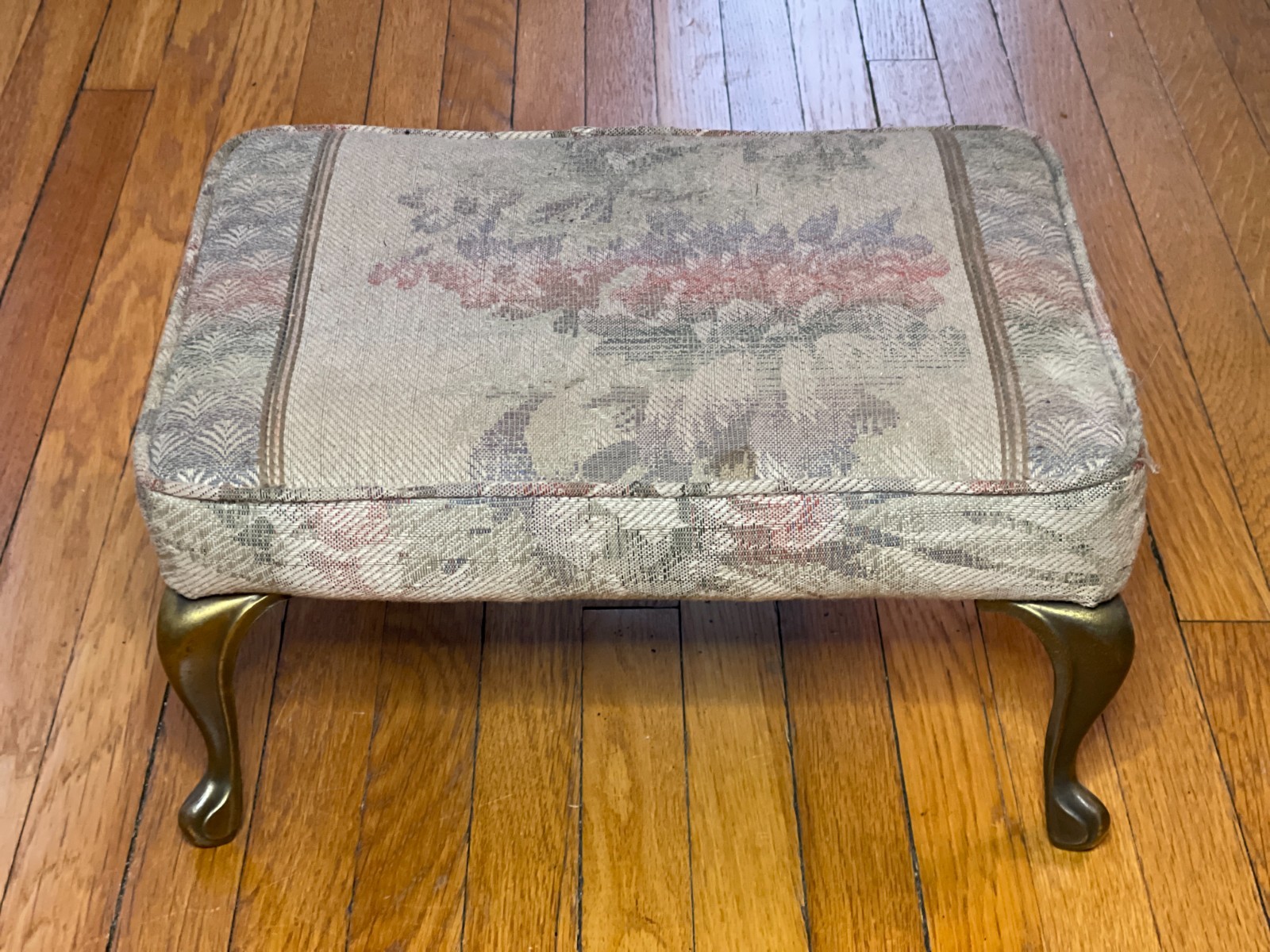 Queen Anne Style Foot Stool Brass Cabrioole Legs  Floral Tapestry Vintage