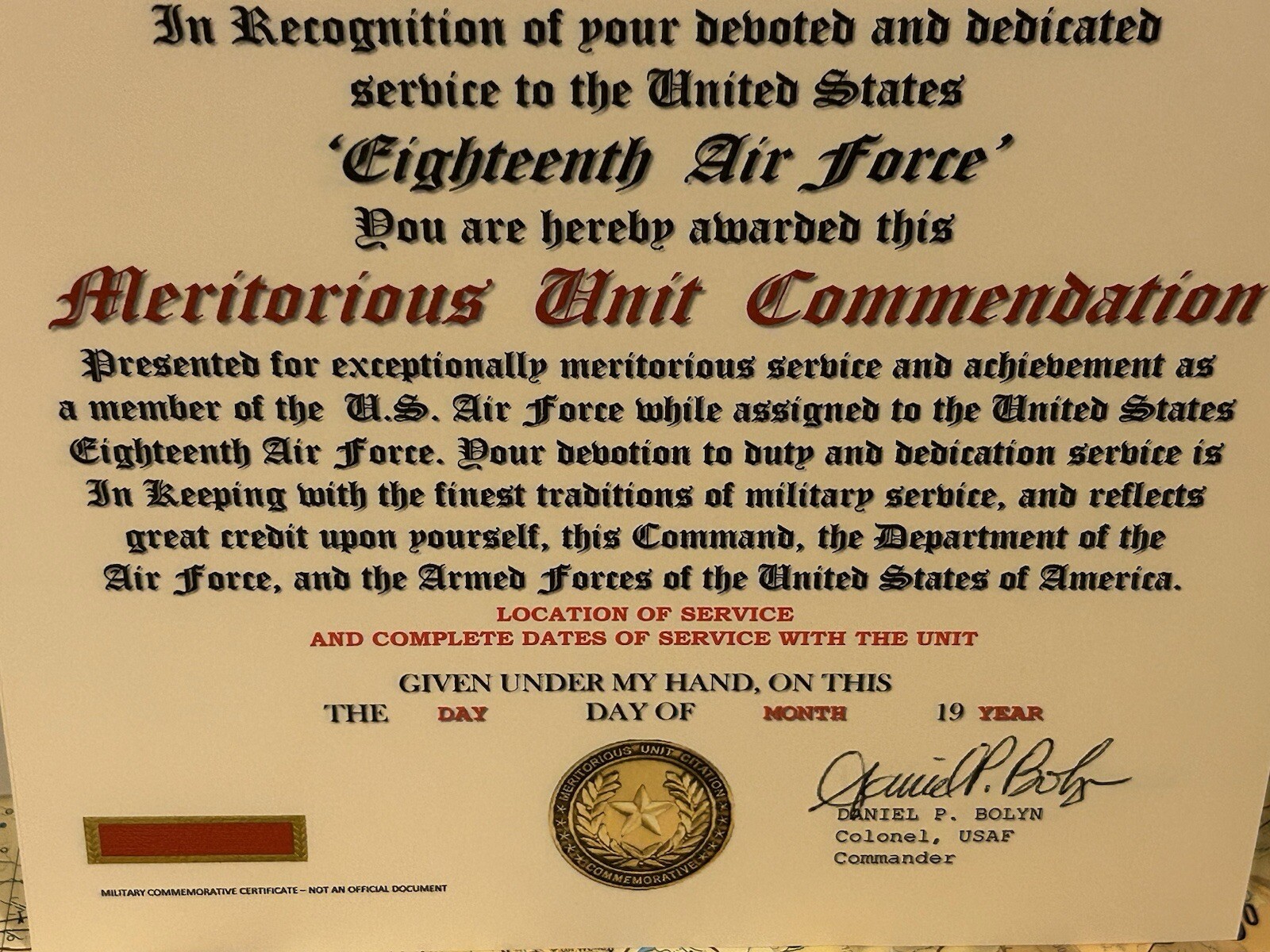 U.S. AIR FORCE / 18TH AIR FORCE - MERITORIOUS UNIT COMMENDATION CERTIFICATE