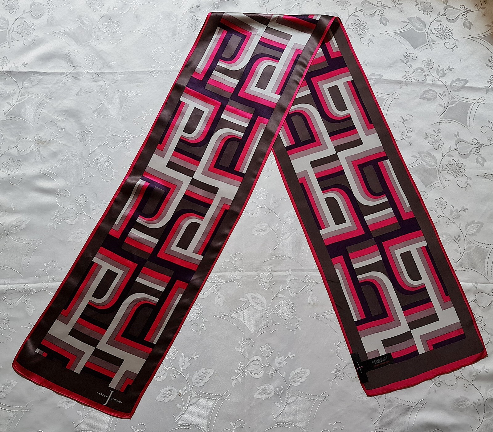GENTS SCARF VINTAGE AUTHENTIC JASPERE CONRAN LOGO GRAY PINK SATIN SILK LONG MENS