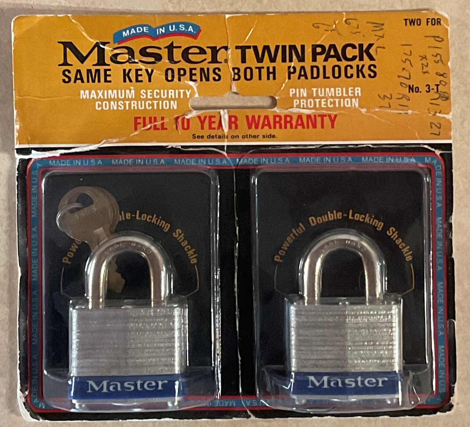 Master Brand Twin Pack Padlocks with Keys Made in the USA No. 3-T-New in Package
