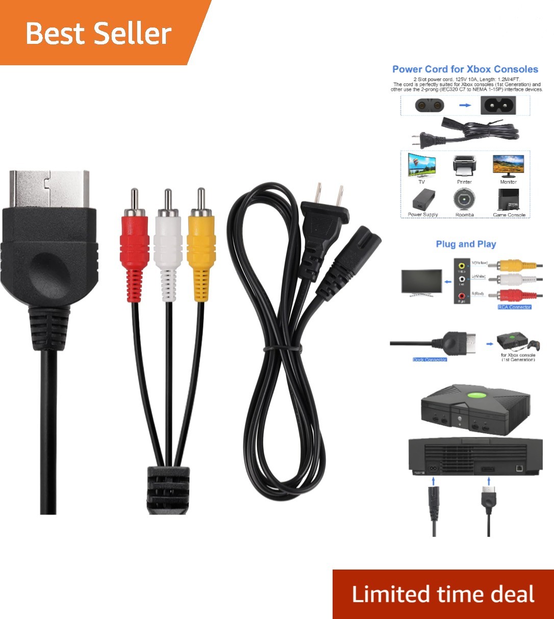 2 Prong Power Supply & Audio Video RCA Cable for Xbox Consoles - Safe & Reliable