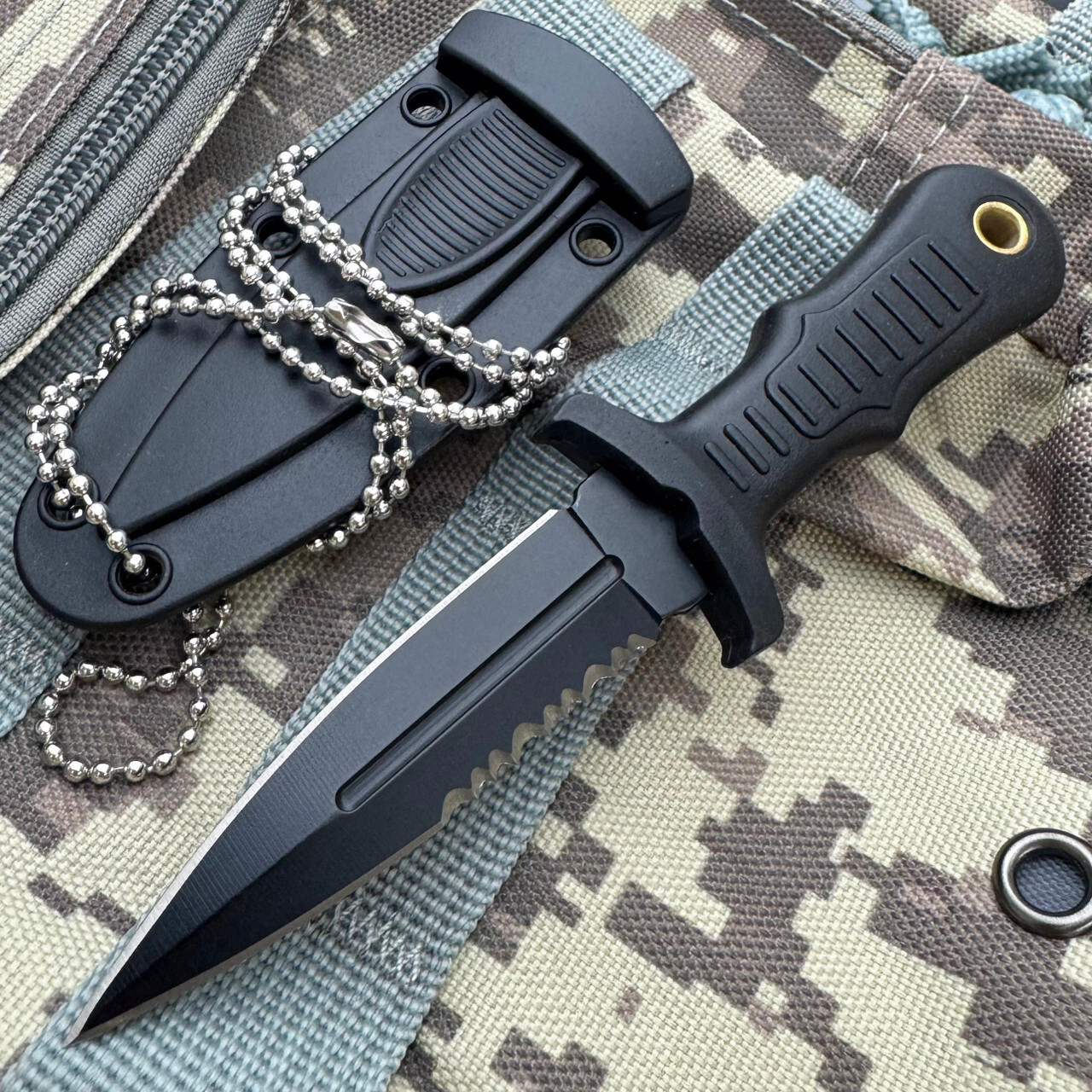 5" Black Military Combat Tactical Fixed Blade Neck Knife w/ Chained Sheath NEW