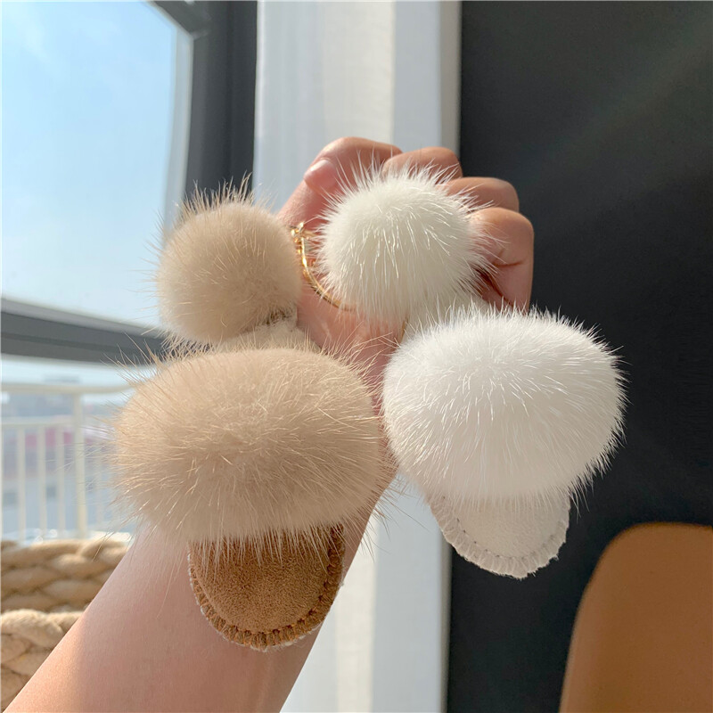 Cute Real Mink Fur Shoes Keyring Pompom Fur Ball HandBag Car Phone Furry Pendant