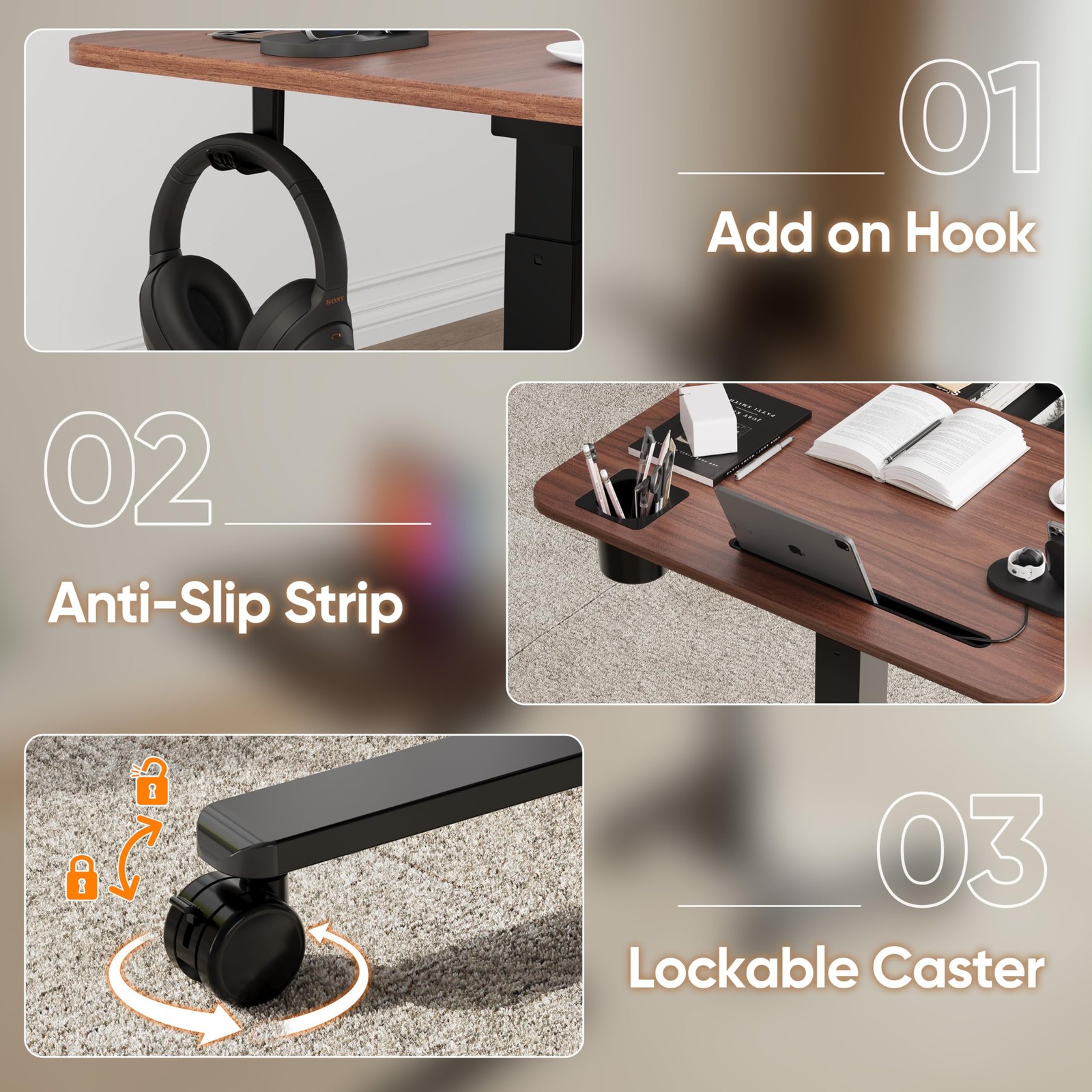 28" Mobile Standing Desk with Drawer,Height Adjustable,Walnut