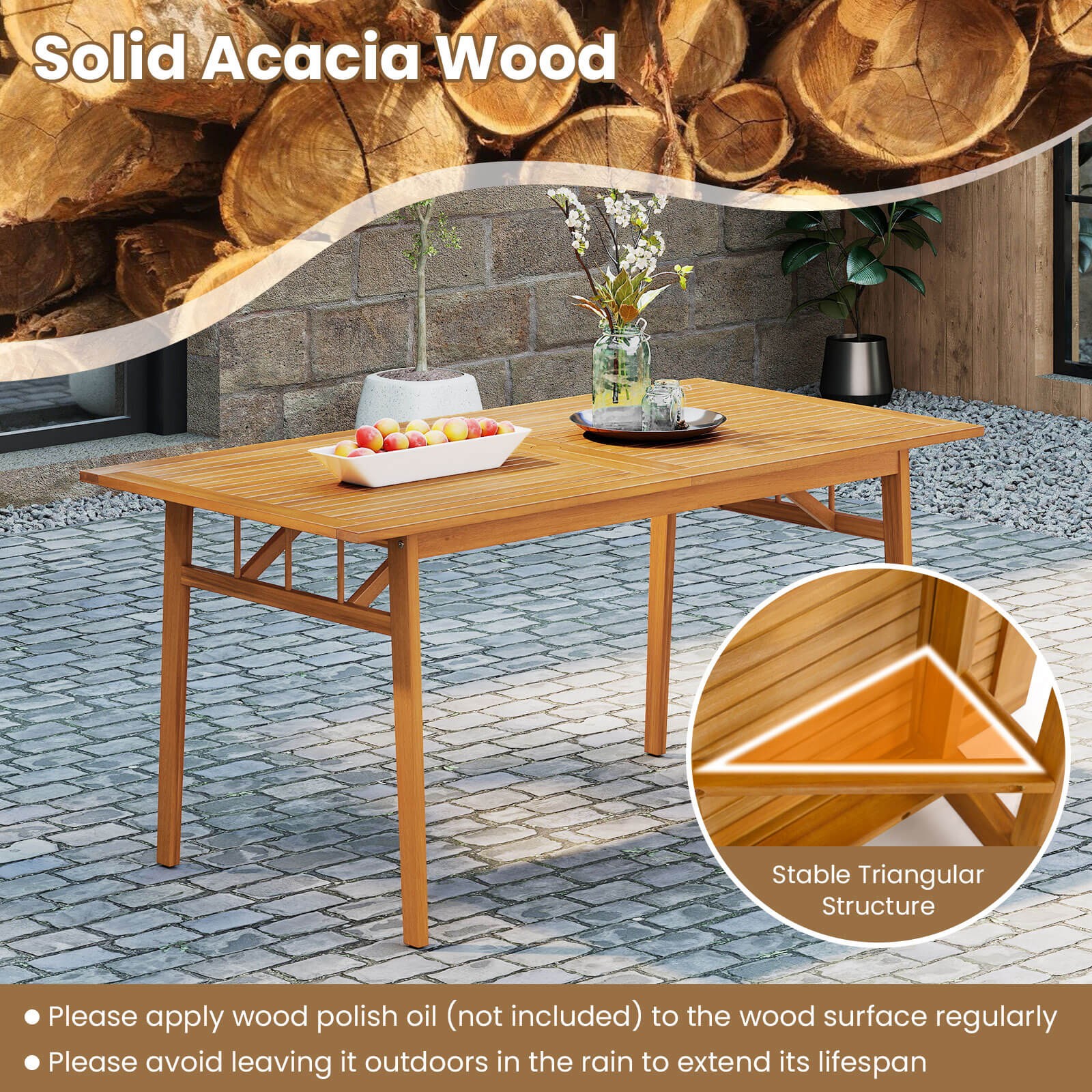 7PCS Patio Acacia Wood Dining Set w/ 1.97" Umbrella Hole & Cushions for Backyard