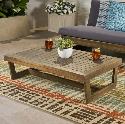 Gray Outdoor Acacia Wood Coffee Table Side End Patio Deck Furniture Garden Comfy