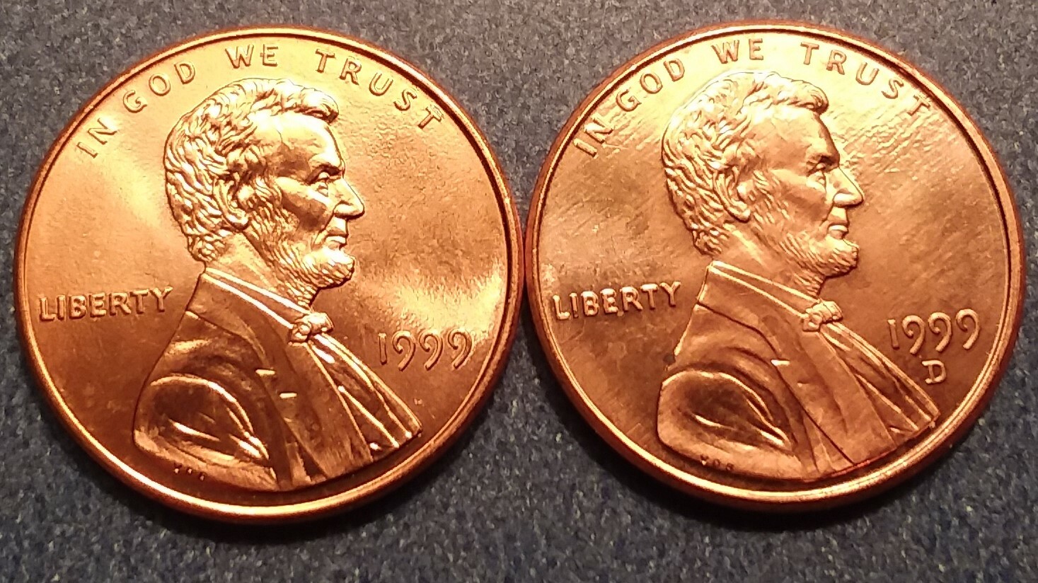 1999 P&D Brilliant Uncirculated Lincoln Cents(2 coins) Ships Free. BU condition.