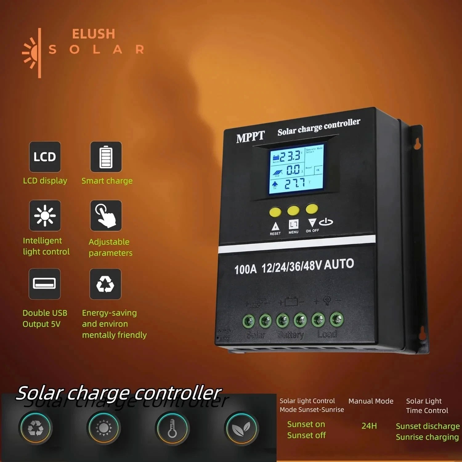 MPPT 12V/24V/36V/48V Solar Charge Controller Tools 100A LCD Dual USB