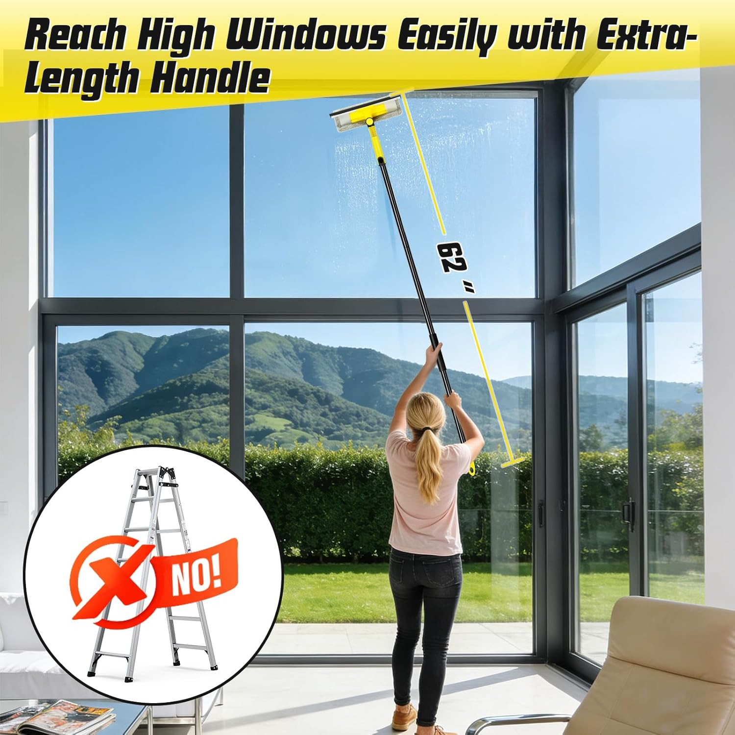 Professional Window Squeegee with 60" Extension Pole for Home | 2 in 1 Squeegee