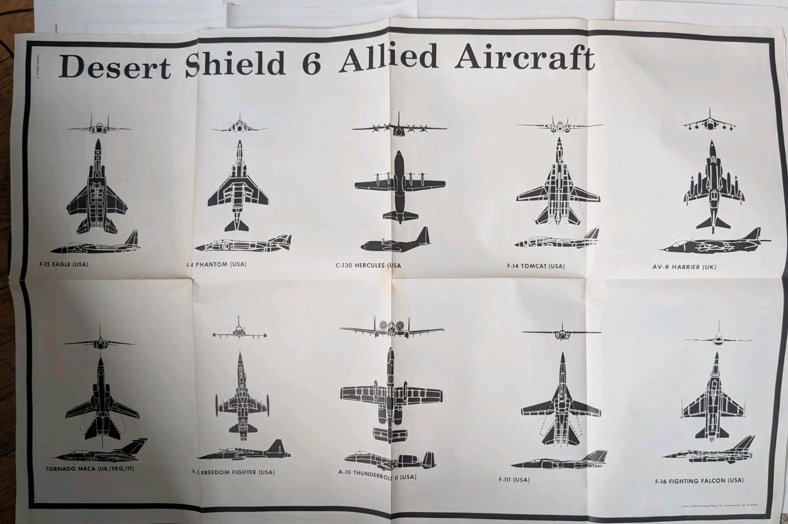 Vintage US Army Desert Shield 6 Allied Aircraft Poster 34X22