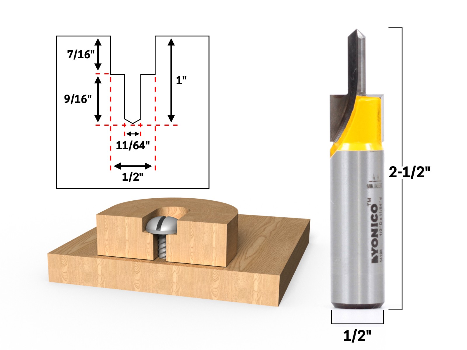 Counter Bore & Screw Slot Router Bit - 1/2" Shank - Yonico 14198