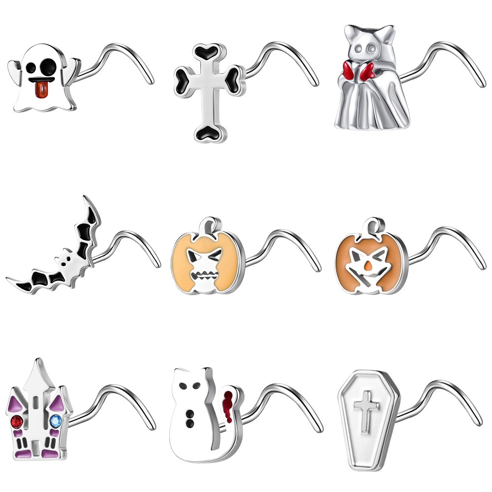 9Pcs 20G Halloween Nose Studs Stainless Steel L/S-shape Nostril Piercing Jewelry