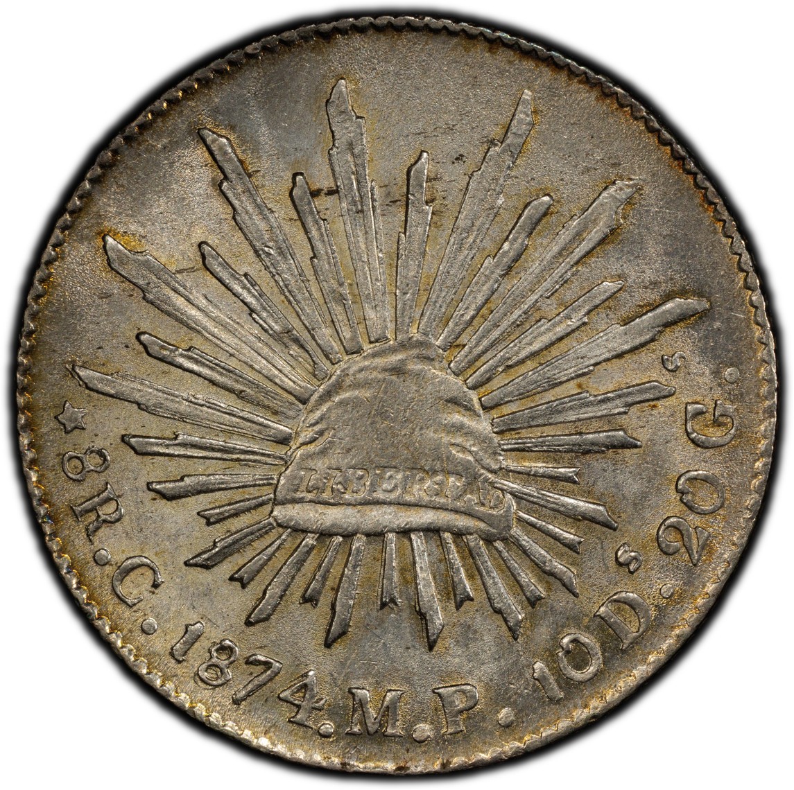 Mexico: Republi 8 Reales 1874-C MP, Culiacan Mint, PCGS AU-58! Lustrous PQ coin!