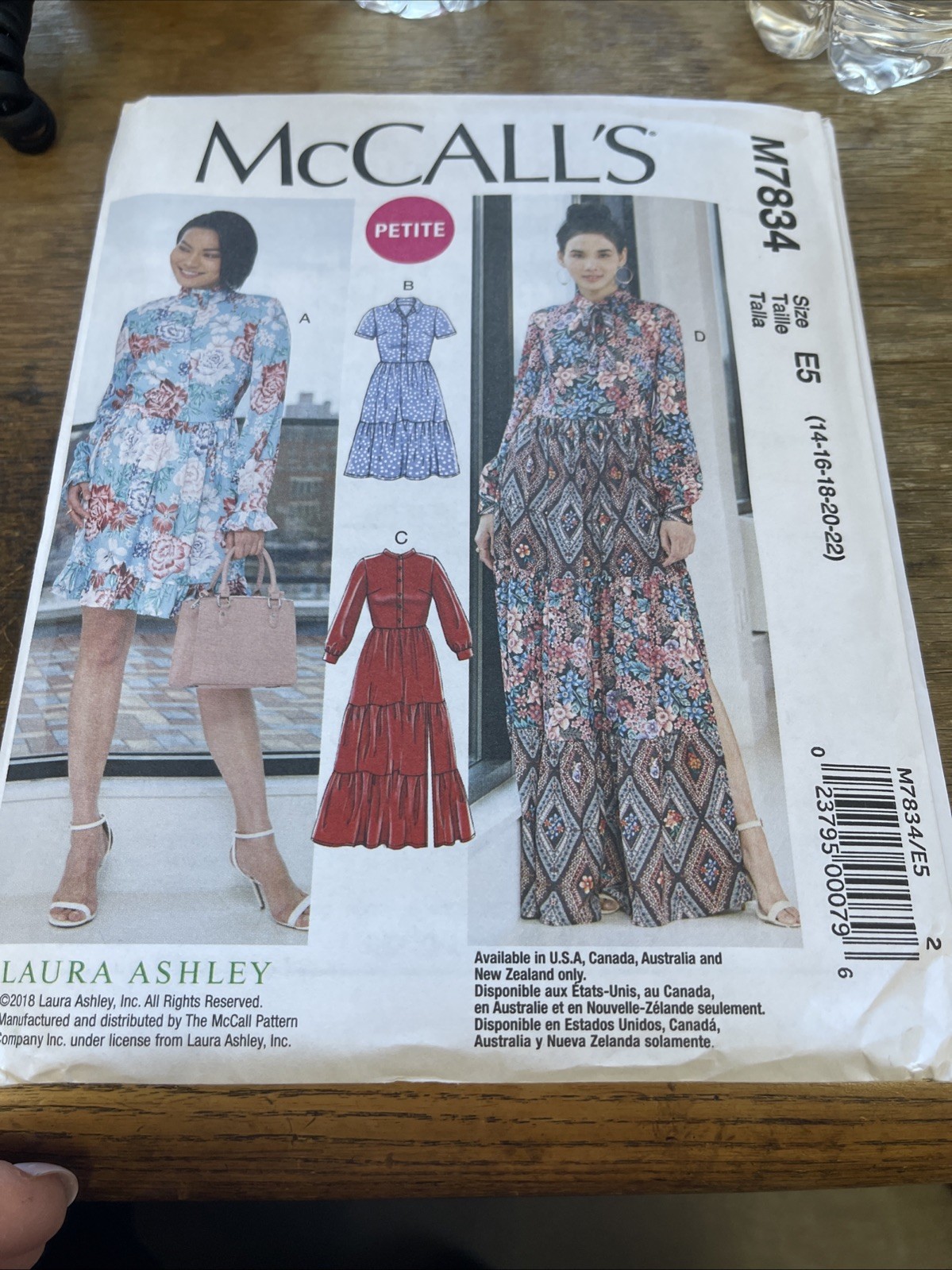 McCalls Pattern M7834 Ms LAURA ASHLEY Button Front Dress 2 Lengths w/Opts 14-22