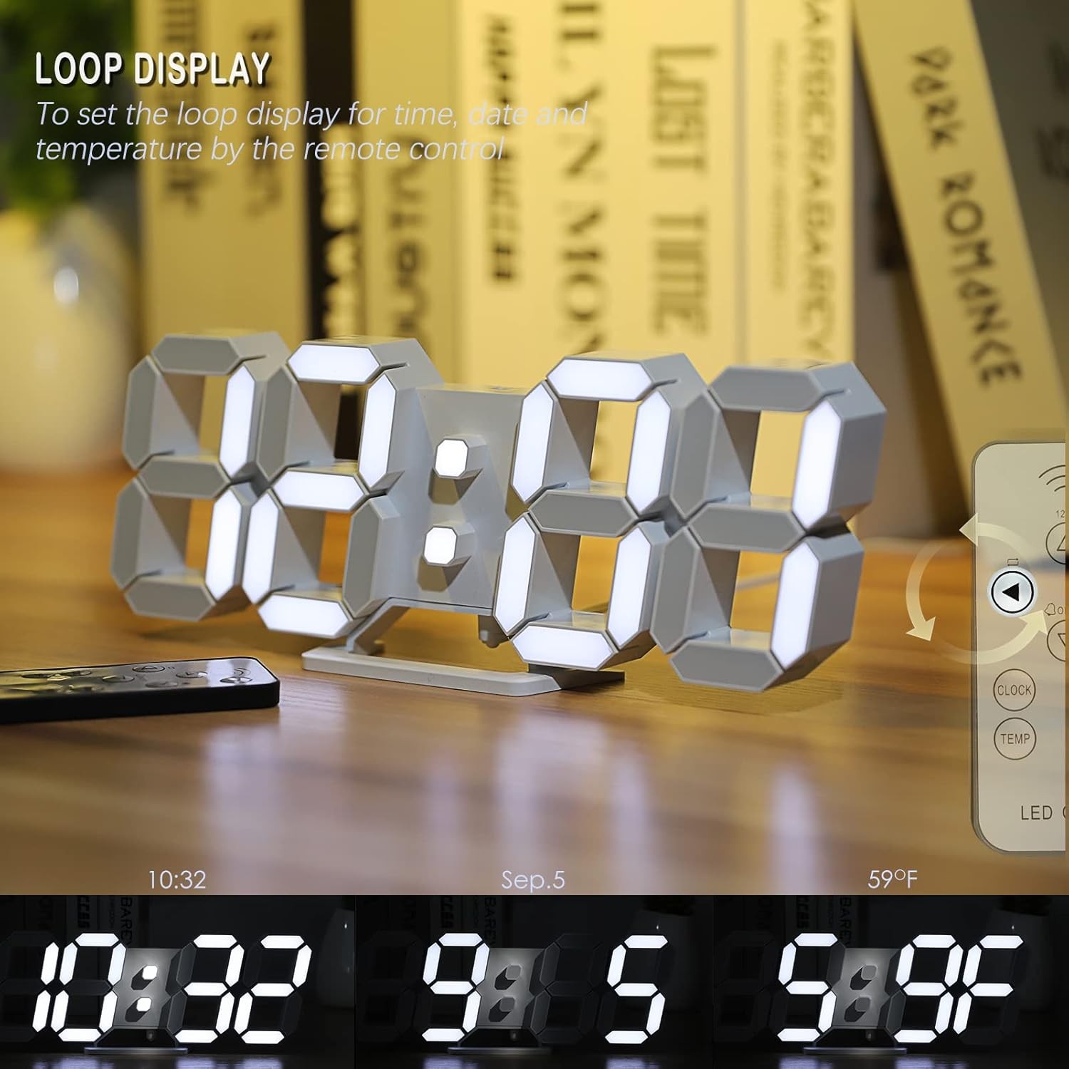 3D LED Digital Wall Clock ,9.7", Large Display Table/ Desk Clock with Remote