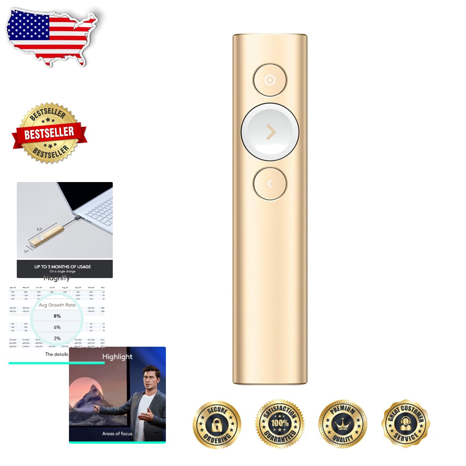 Logitech Spotlight Presentation Remote - Gold, Advanced Digital Highlighting,...