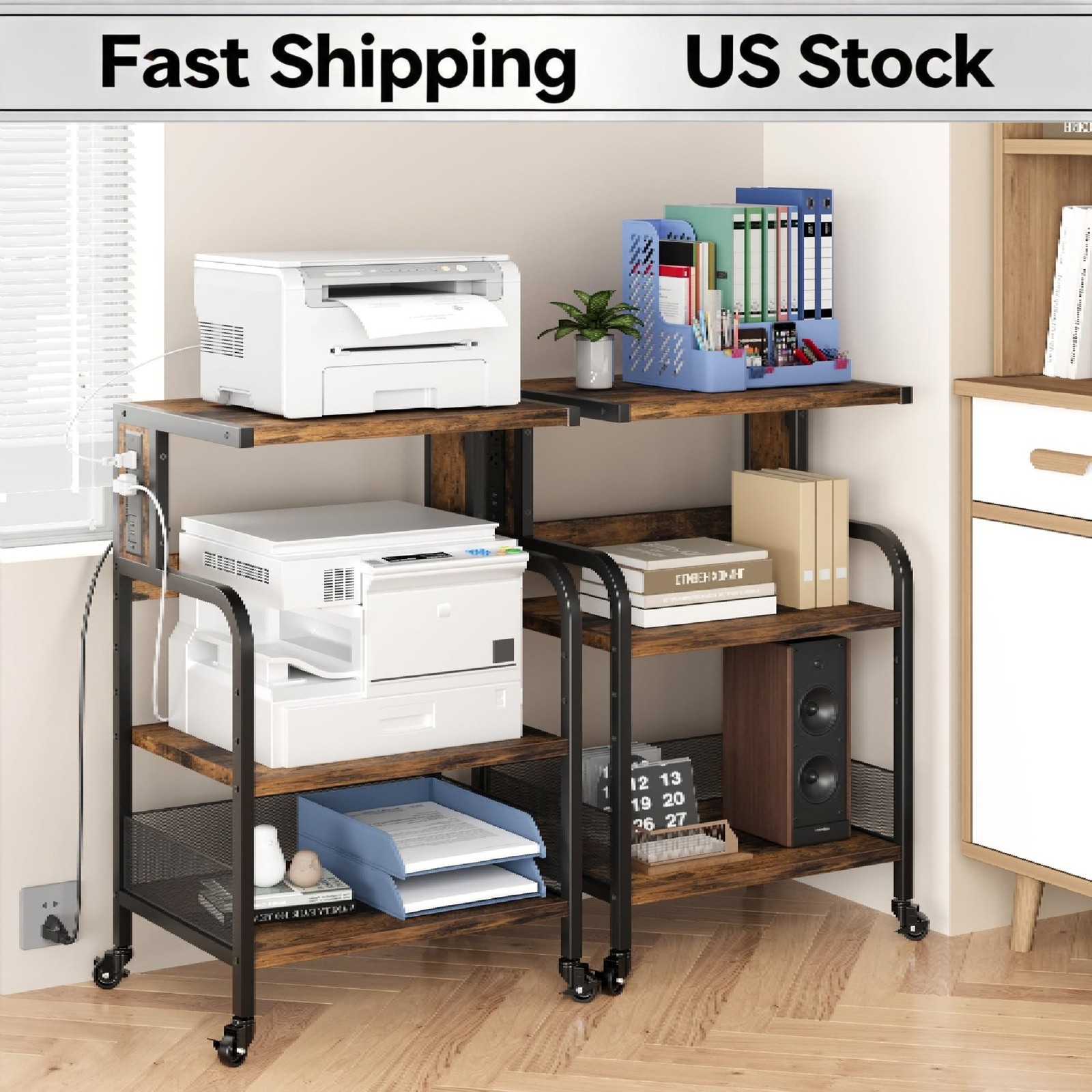Printer Frame 3-Tier with Storage Shelves and Rolling Castors